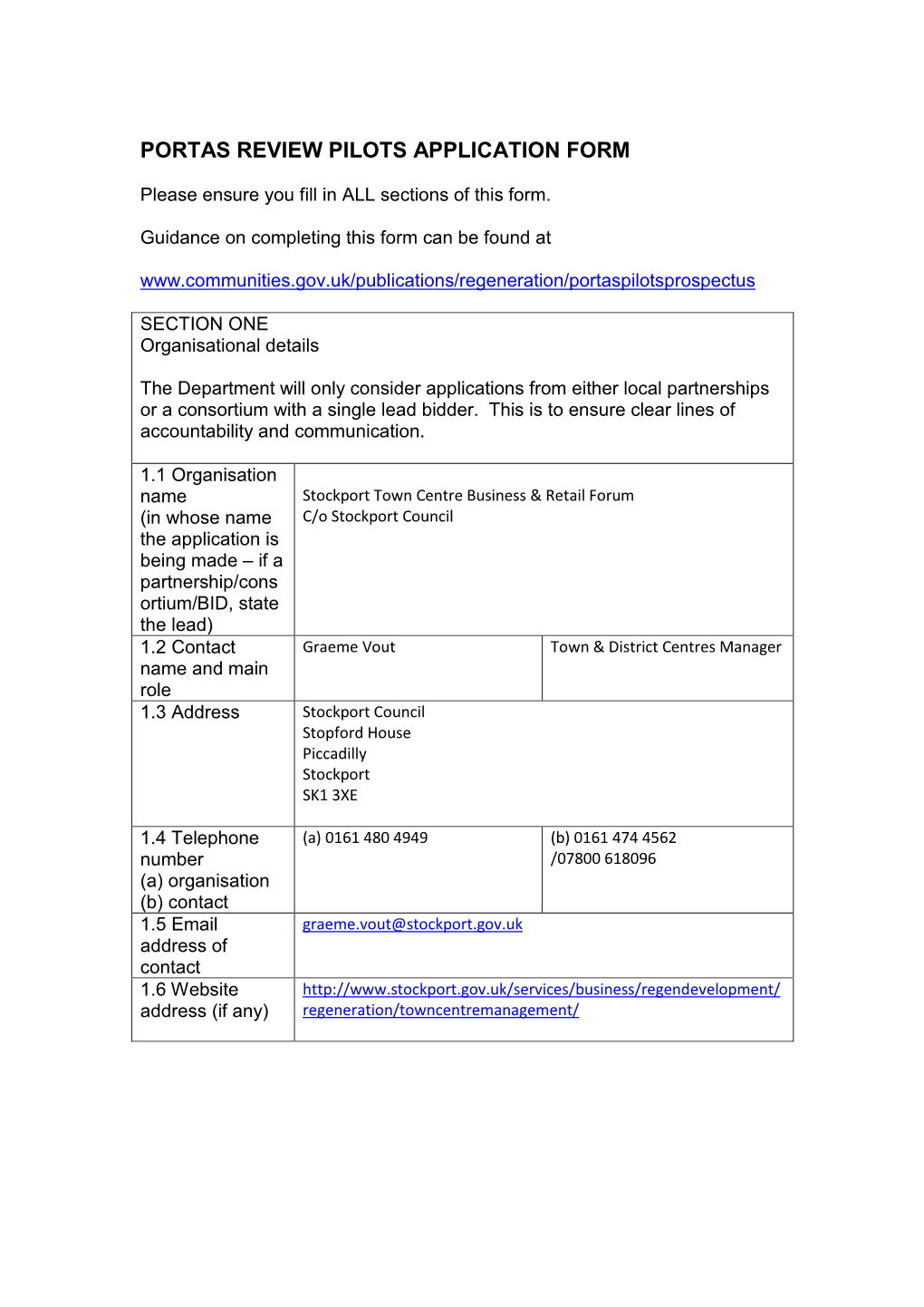 Portas Review Pilots Application Form