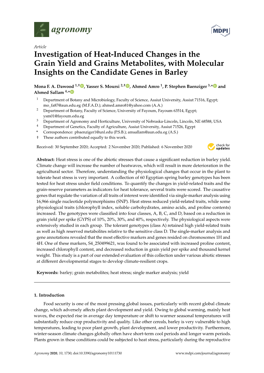 Investigation of Heat-Induced Changes in the Grain Yield and Grains Metabolites, with Molecular Insights on the Candidate Genes in Barley