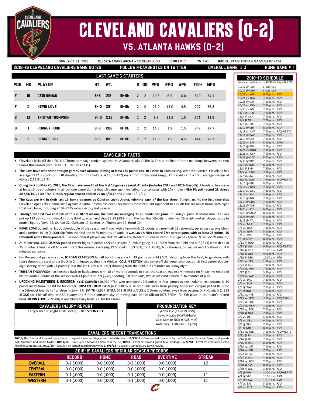 Cavaliers Game Notes Follow @Cavsnotes on Twitter Overall Game # 3 Home Game # 1