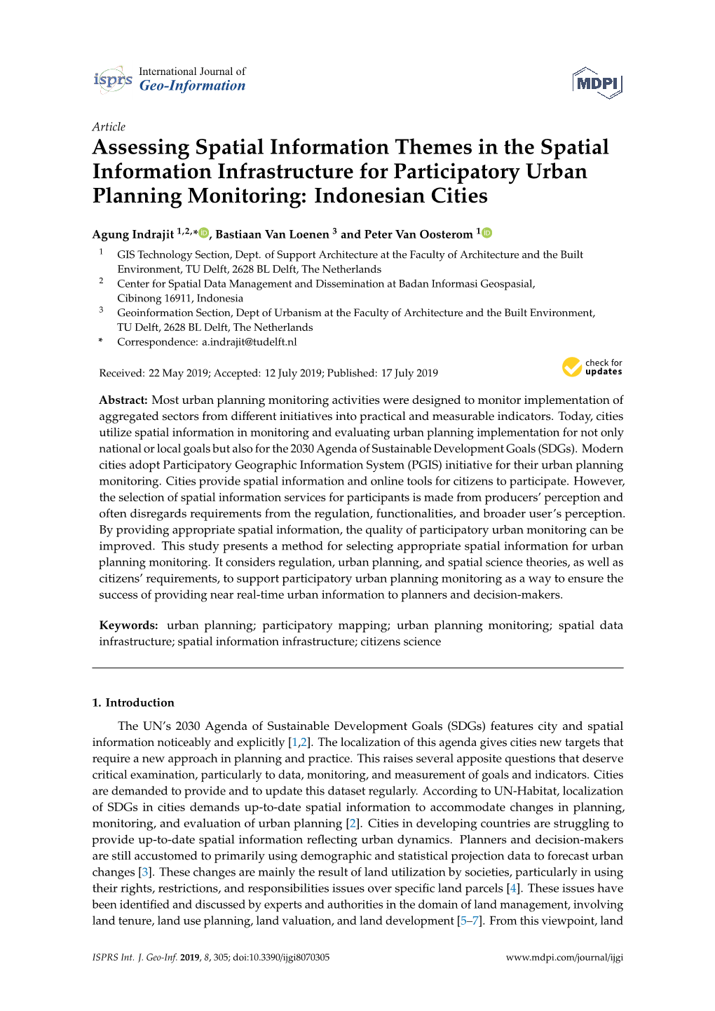 Assessing Spatial Information Themes in the Spatial Information Infrastructure for Participatory Urban Planning Monitoring: Indonesian Cities