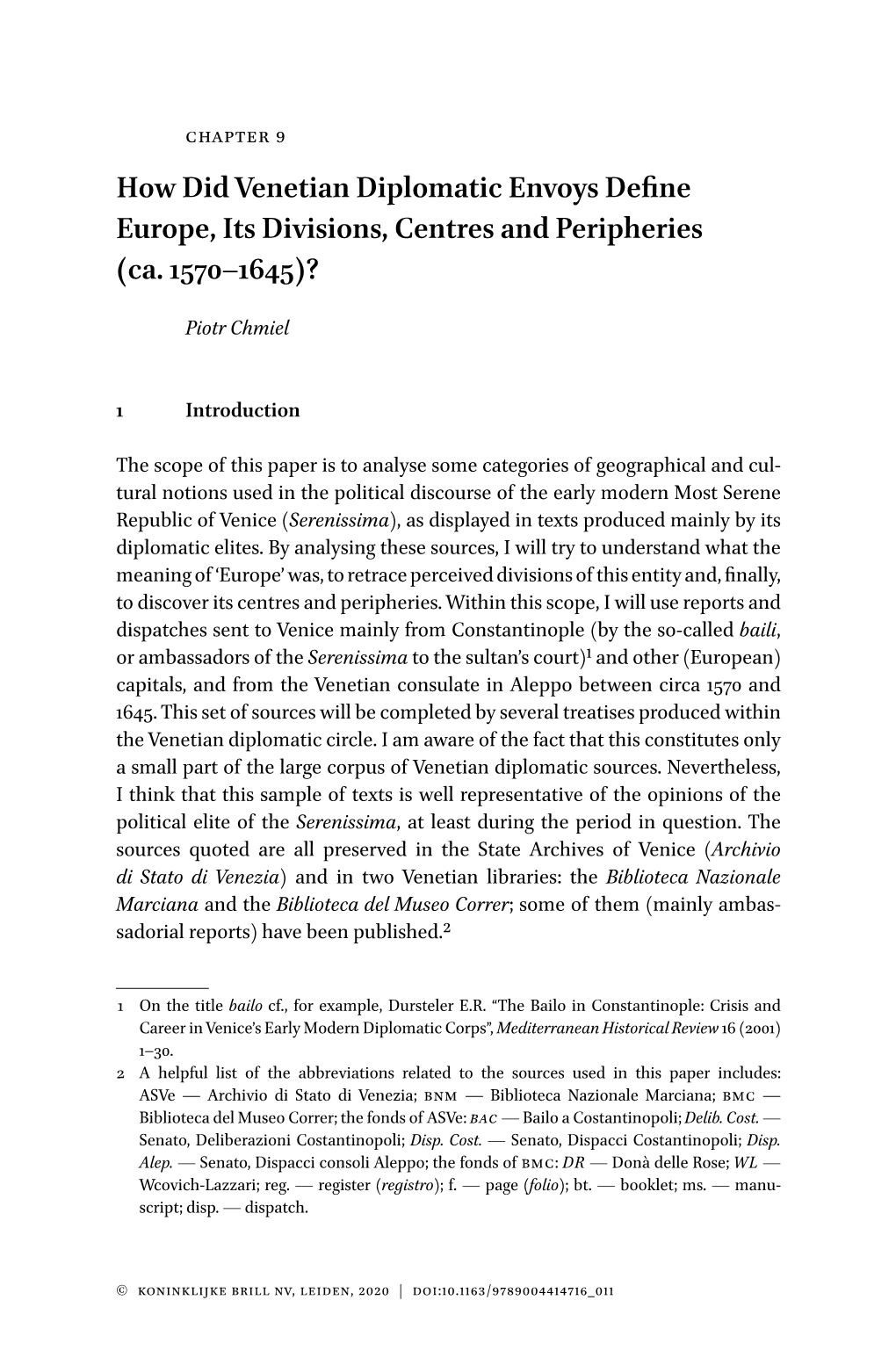 How Did Venetian Diplomatic Envoys Define Europe, Its Divisions, Centres and Peripheries (Ca