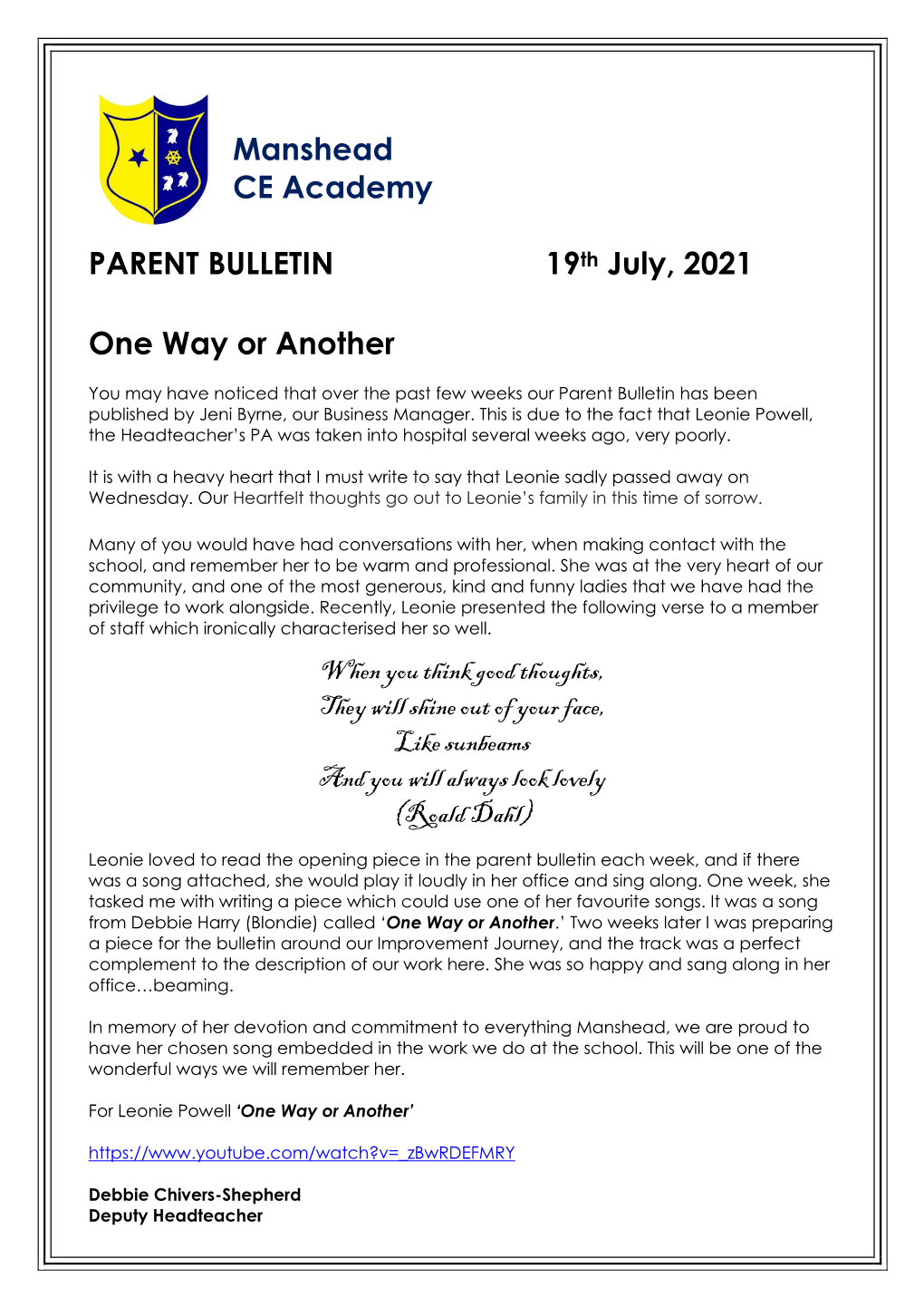 Manshead CE Academy PARENT BULLETIN 19Th July, 2021 One