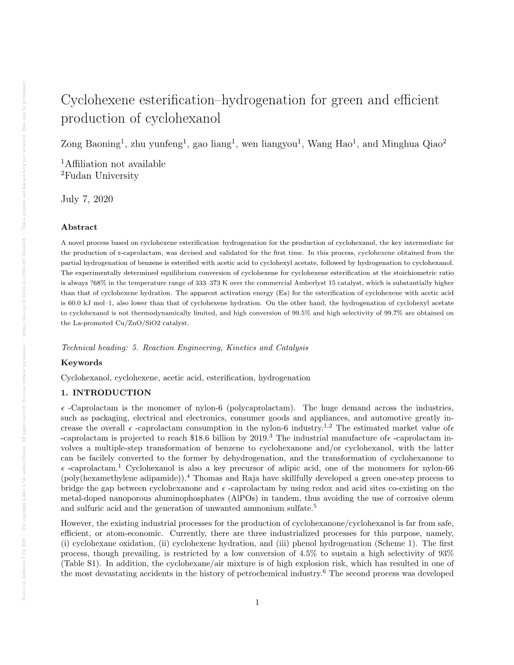 Cyclohexene Esterification–Hydrogenation for Green And