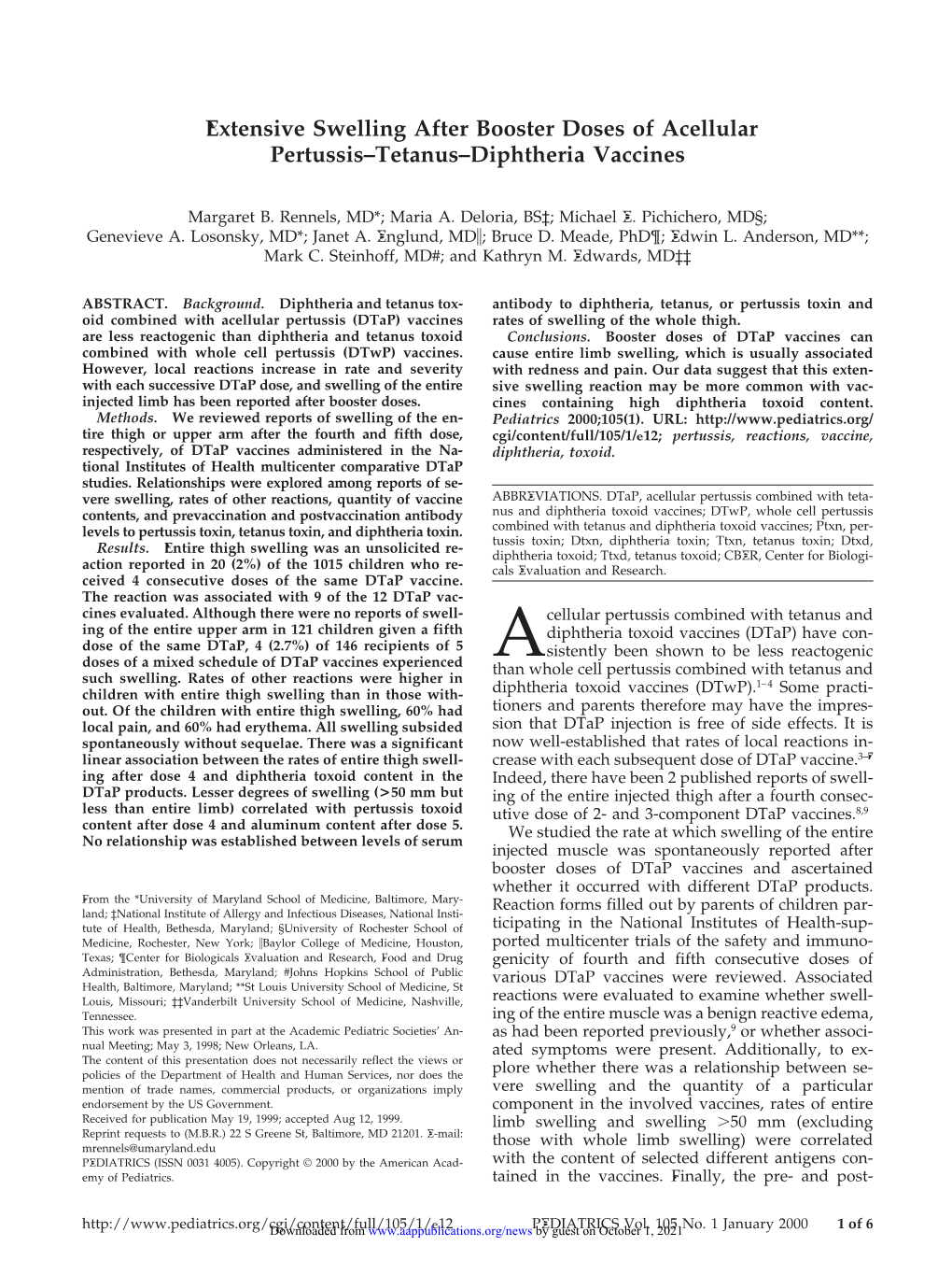 Extensive Swelling After Booster Doses of Acellular Pertussis–Tetanus–Diphtheria Vaccines