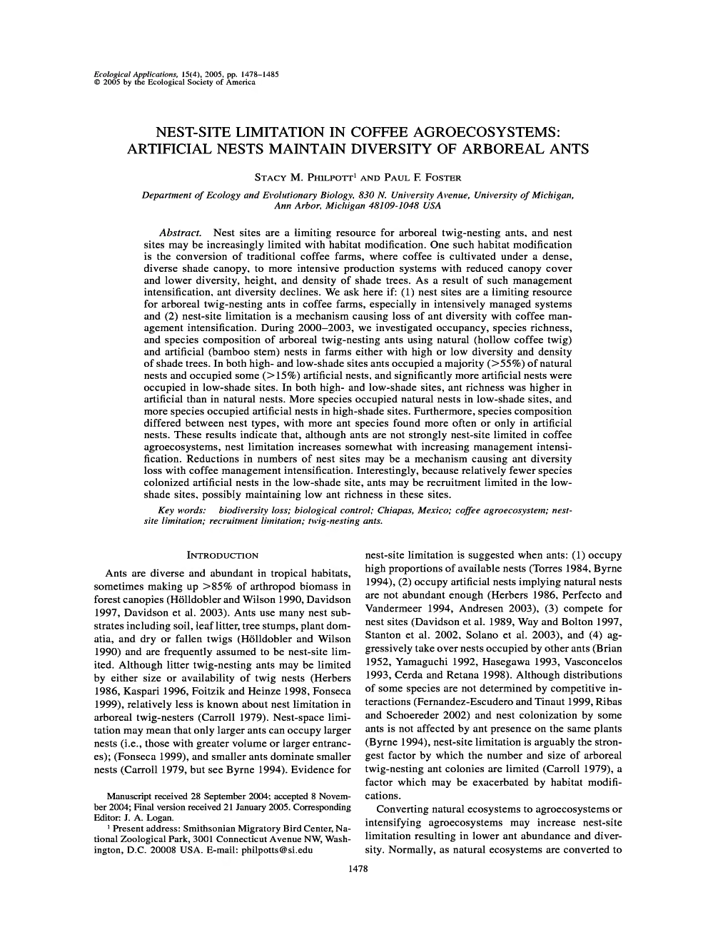 Artificial Nests Maintain Diversity of Arboreal Ants