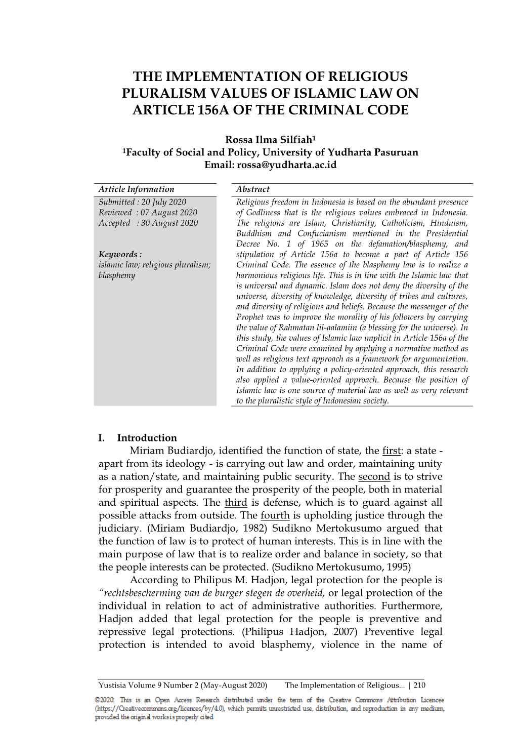 The Implementation of Religious Pluralism Values of Islamic Law on Article 156A of the Criminal Code