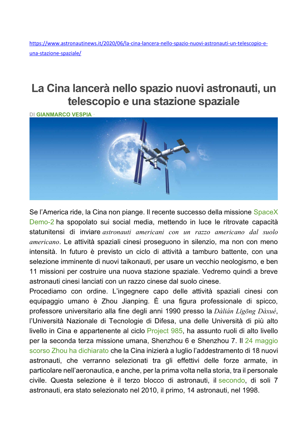 La Cina Lancerà Nello Spazio Nuovi Astronauti, Un Telescopio E Una Stazione Spaziale