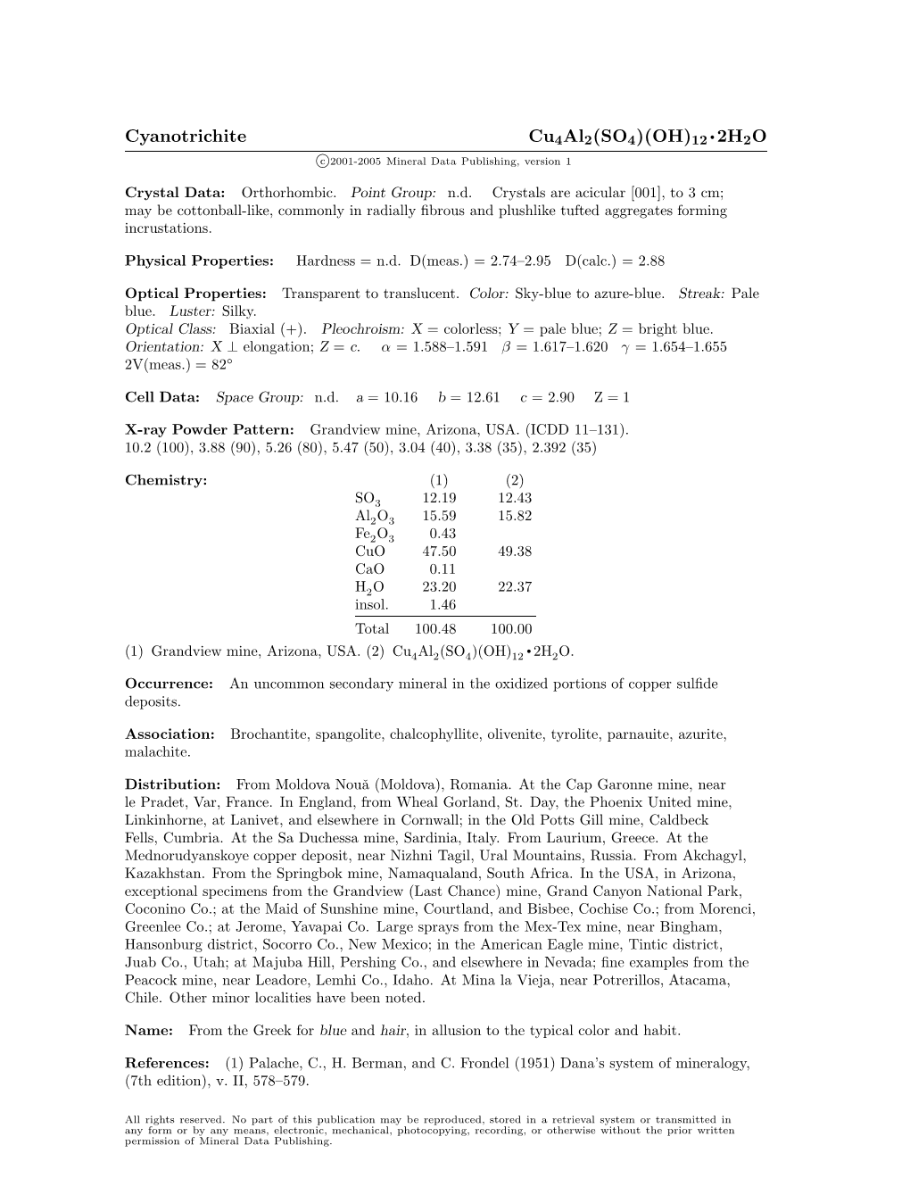 Cyanotrichite Cu4al2(SO4)(OH)12 • 2H2O C 2001-2005 Mineral Data Publishing, Version 1