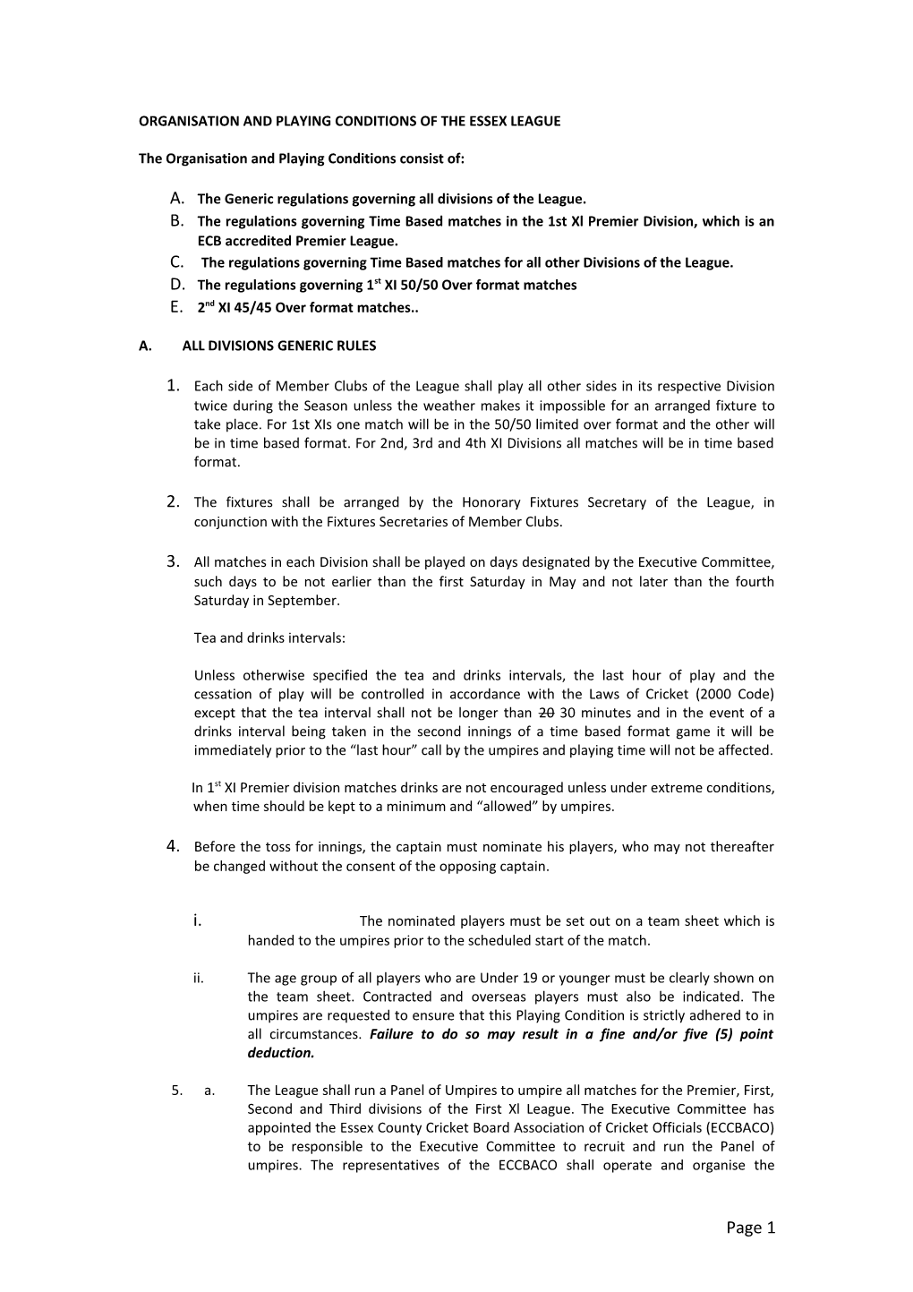 Organisation and Playing Conditions of the Essex League