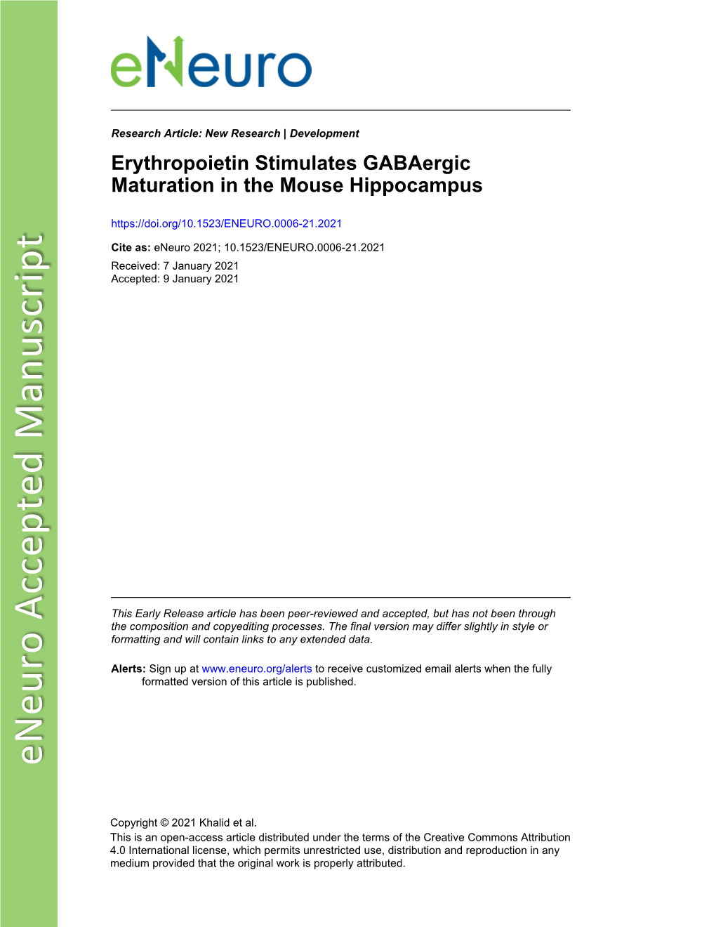 Erythropoietin Stimulates Gabaergic Maturation in the Mouse Hippocampus