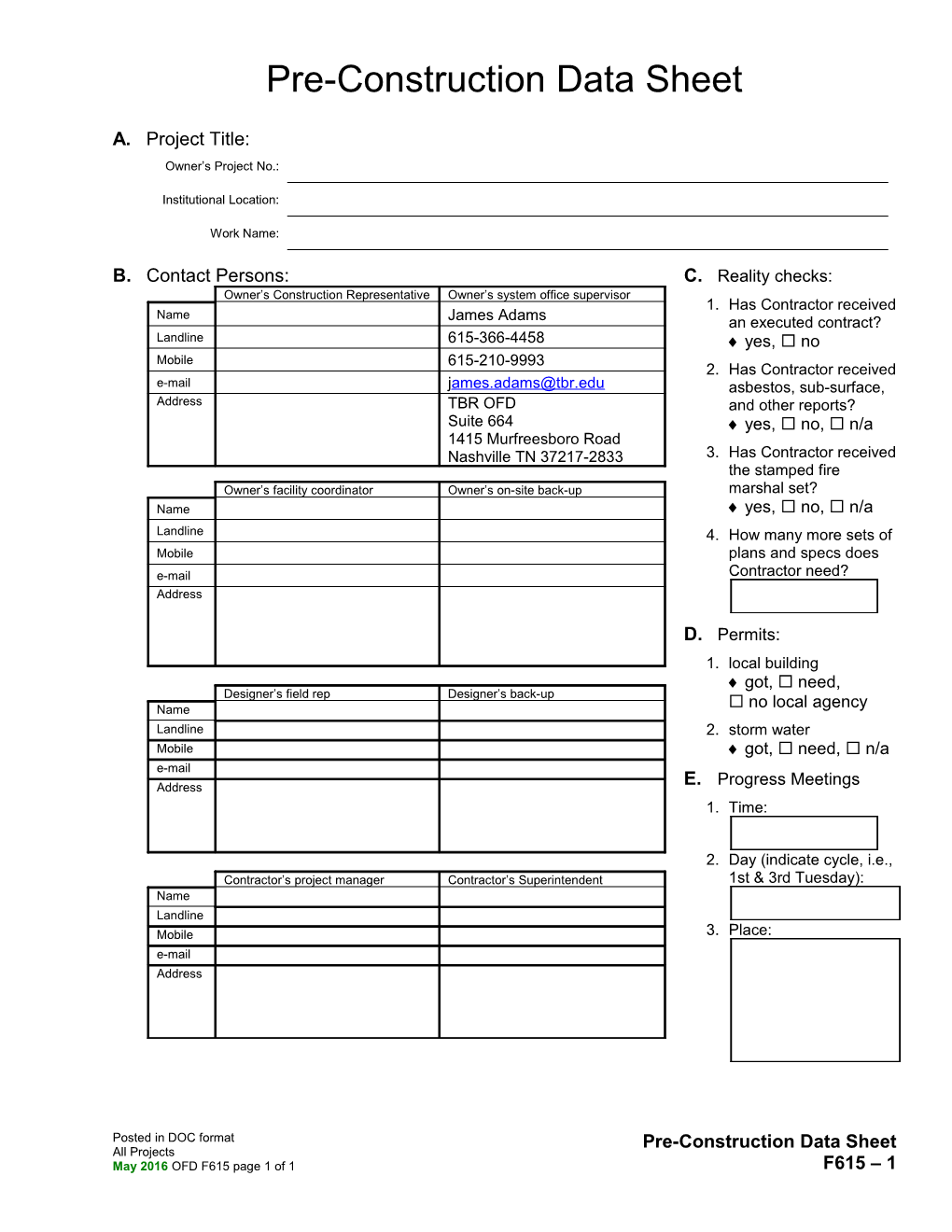 Pre-Construction Data Sheet