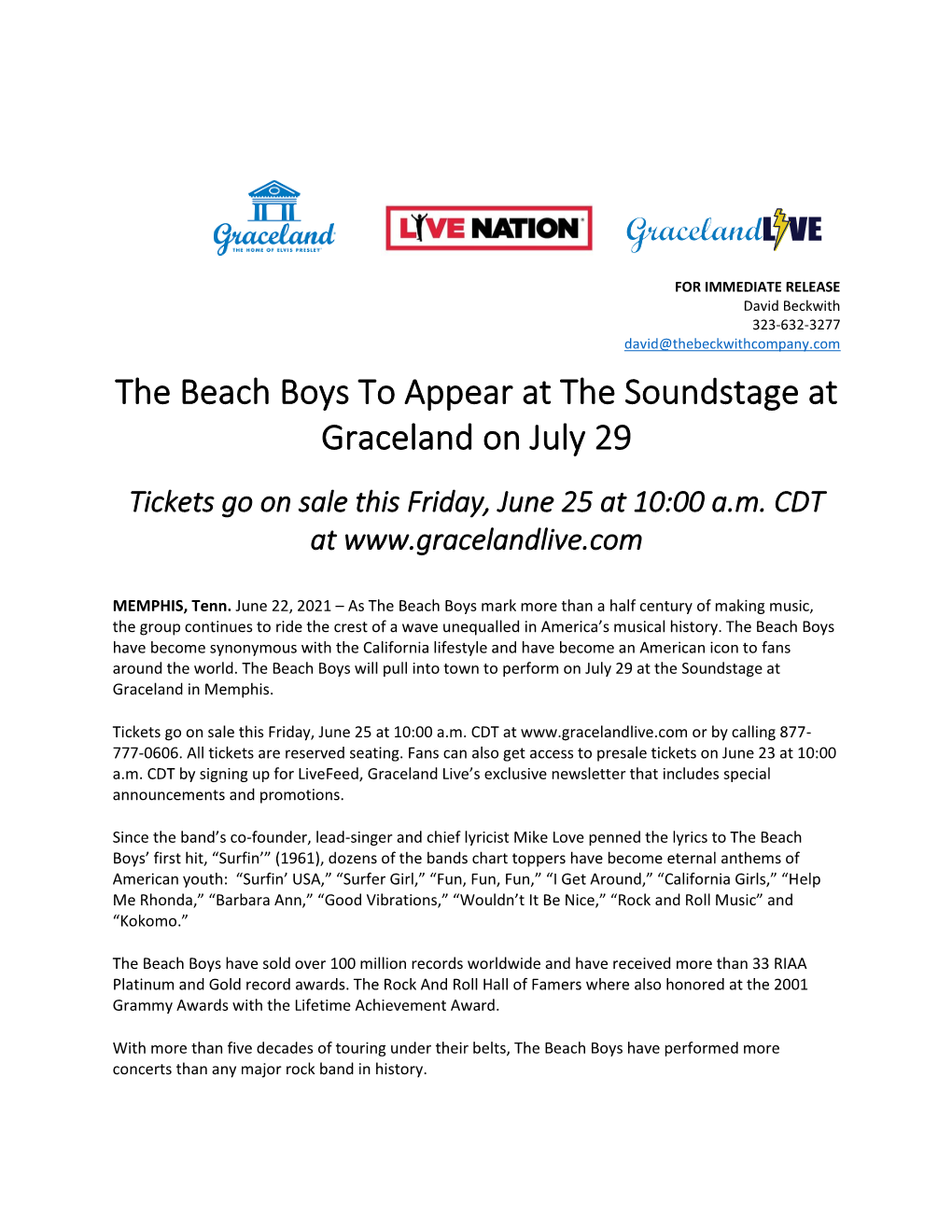 The Beach Boys to Appear at the Soundstage at Graceland on July 29