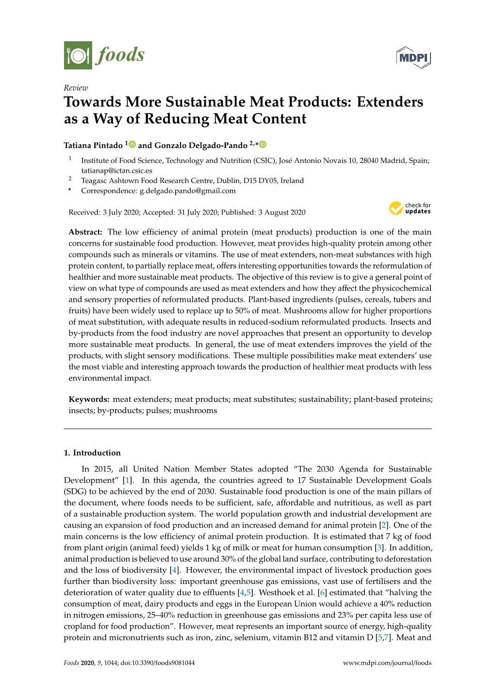 Towards More Sustainable Meat Products: Extenders As a Way of Reducing Meat Content