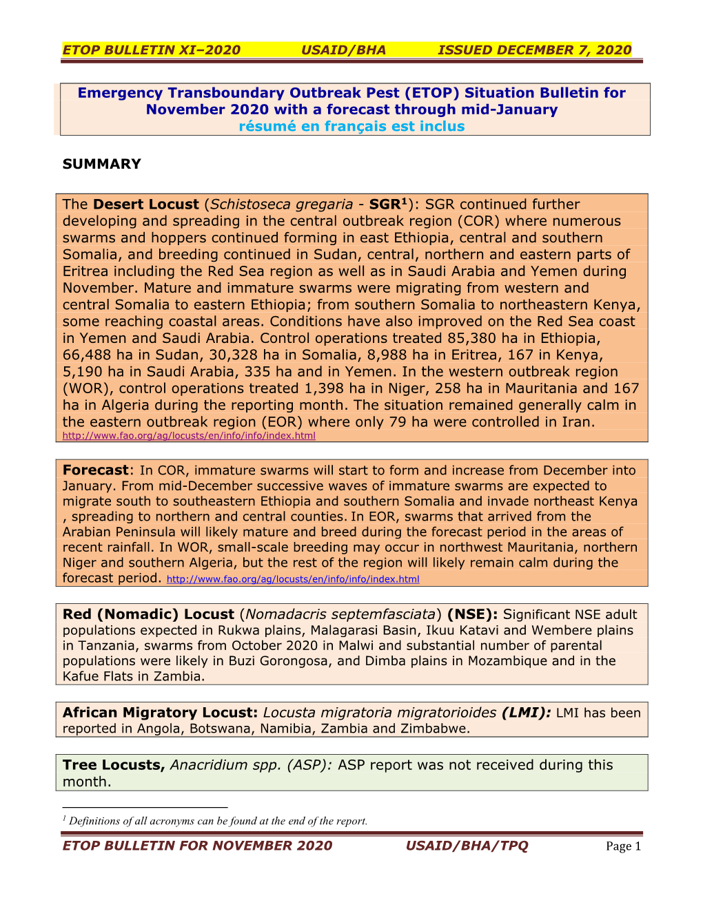 Etop Bulletin Xi–2020 Usaid/Bha Issued December 7, 2020