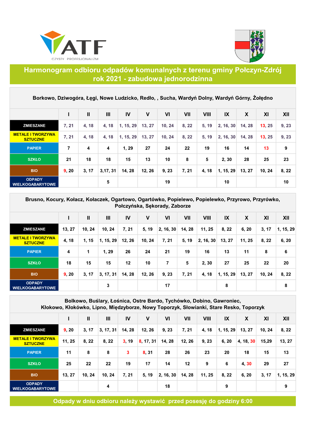 Harmonogram Odbioru Odpadów Komunalnych Z Terenu Gminy Połczyn-Zdrój Rok 2021 - Zabudowa Jednorodzinna