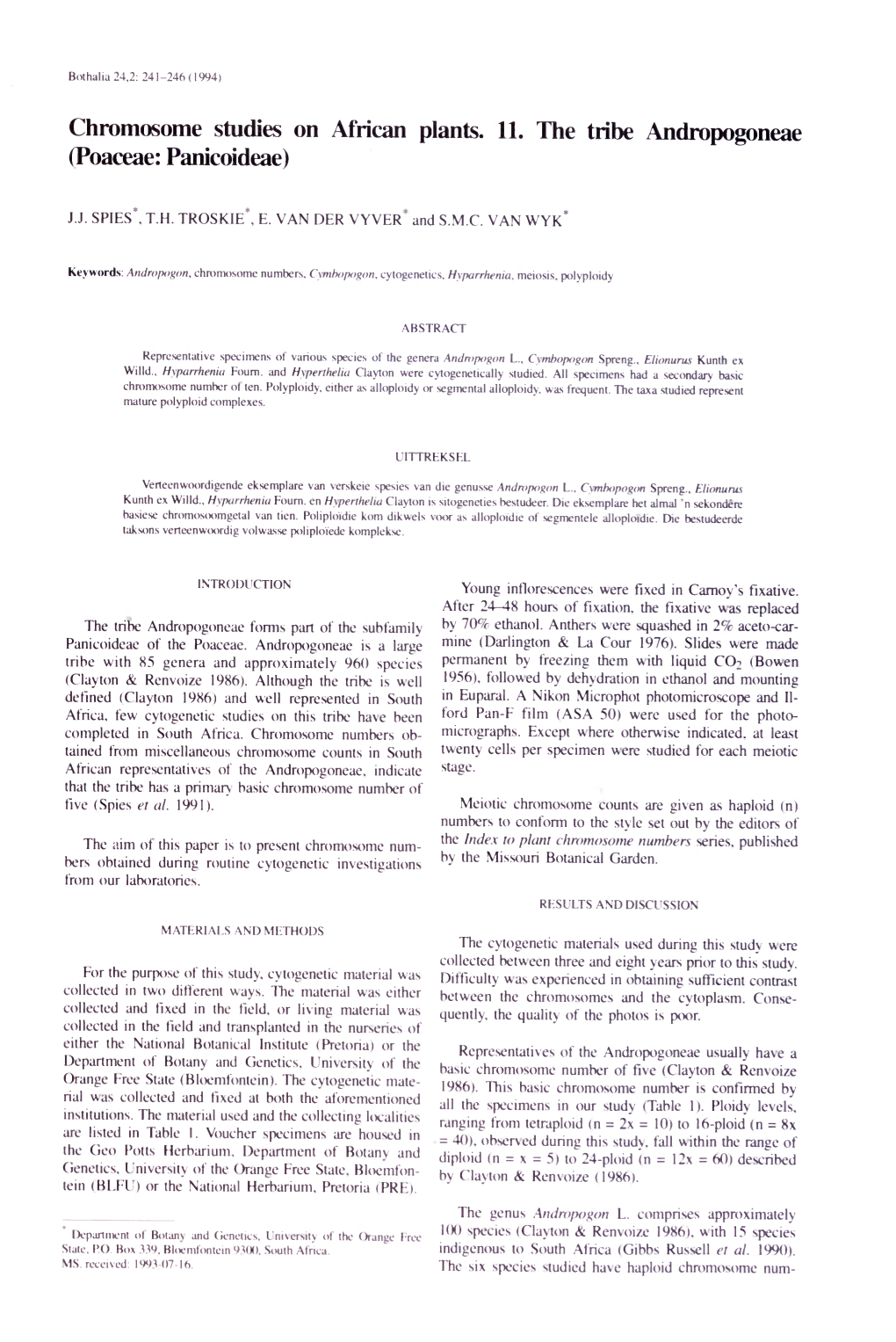 Chromosome Studies on African Plants. 11. the Tribe Andropogoneae (Poaceae: Panicoideae)