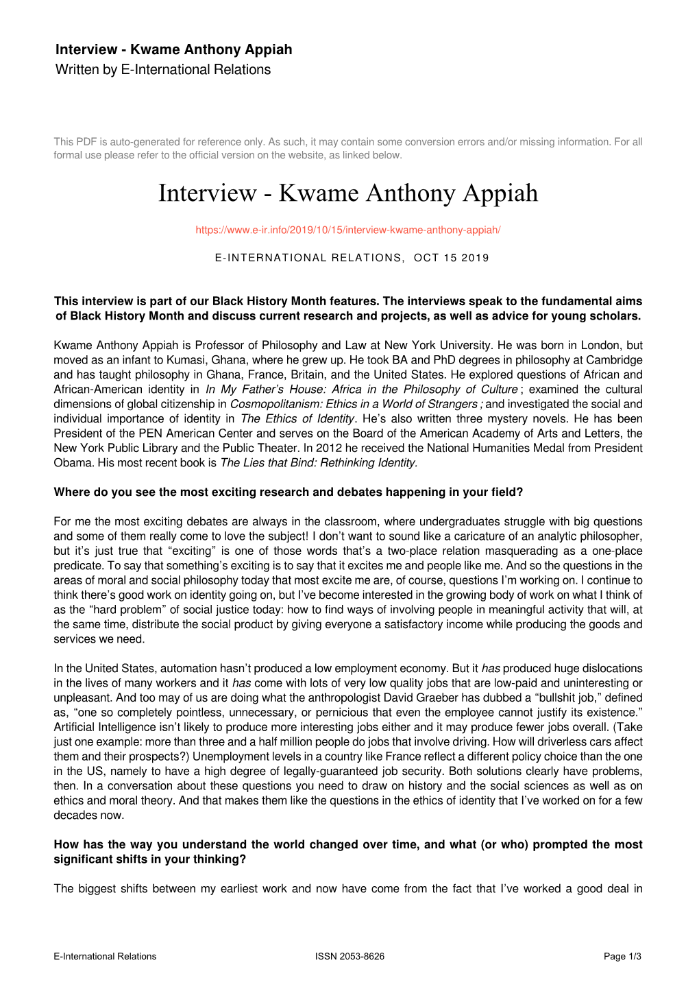 Interview - Kwame Anthony Appiah Written by E-International Relations