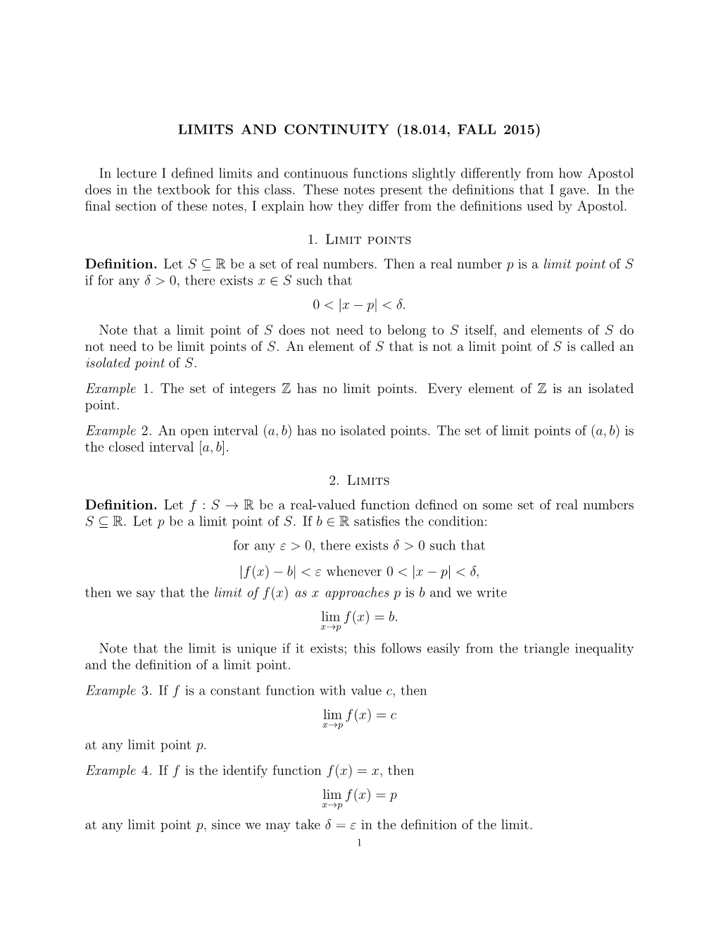LIMITS and CONTINUITY (18.014, FALL 2015) in Lecture I Defined