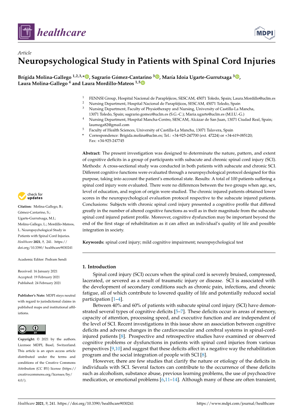 Neuropsychological Study in Patients with Spinal Cord Injuries