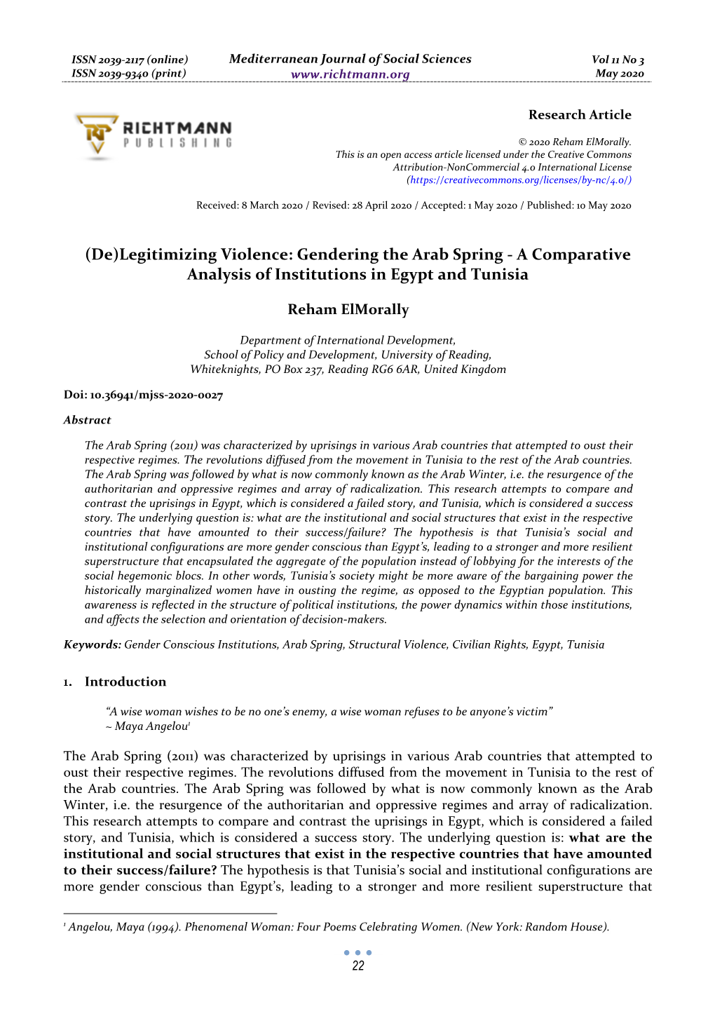 (De)Legitimizing Violence: Gendering the Arab Spring - a Comparative Analysis of Institutions in Egypt and Tunisia