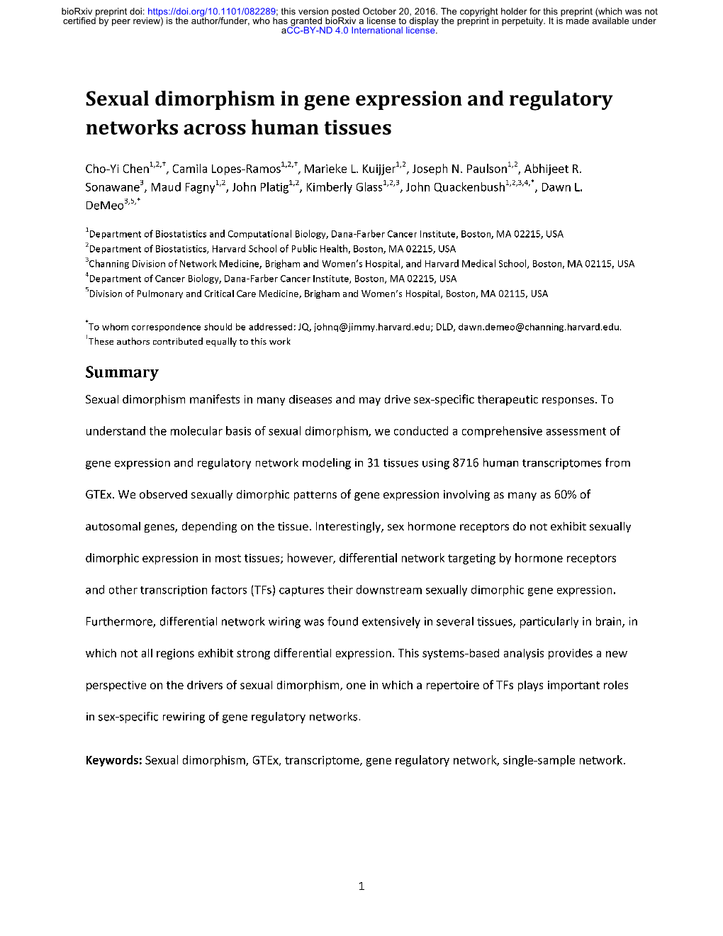 Sexual Dimorphism in Gene Expression and Regulatory Networks Across Human Tissues