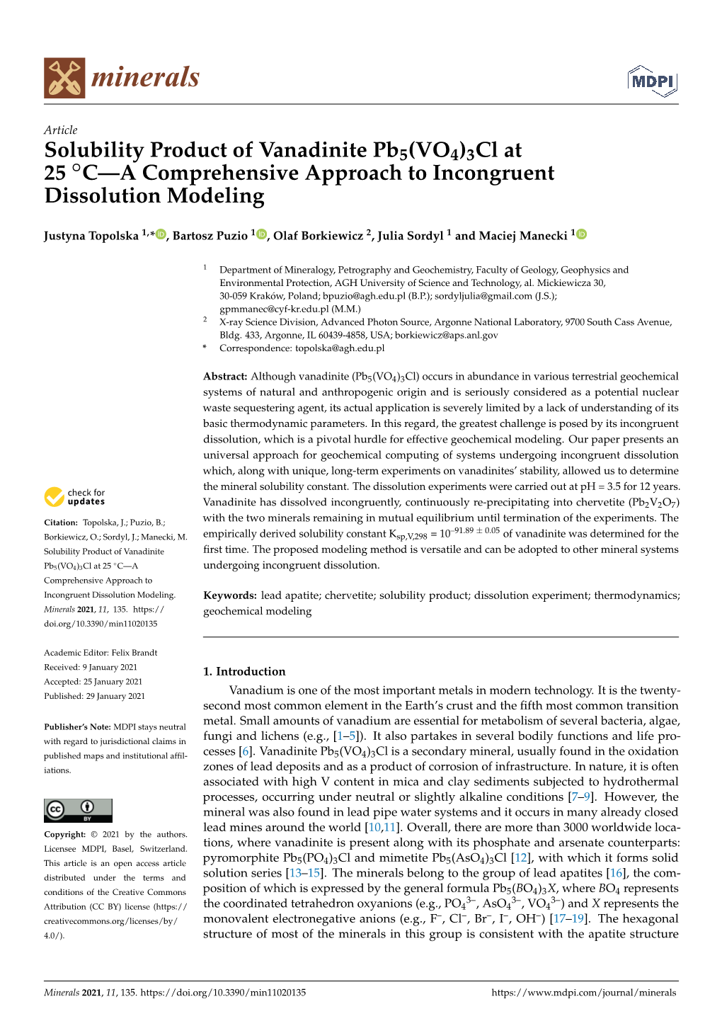 Solubility Product of Vanadinite Pb5(VO4)3Cl at 25 ◦C—A Comprehensive Approach to Incongruent Dissolution Modeling