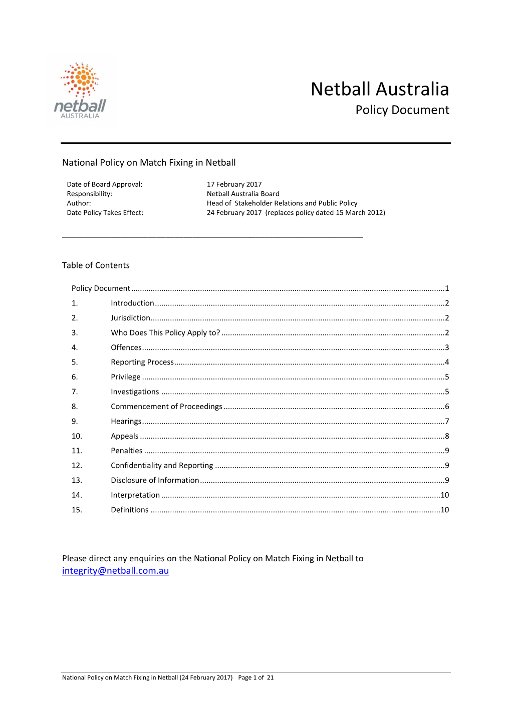 National Policy on Match Fixing in Netball