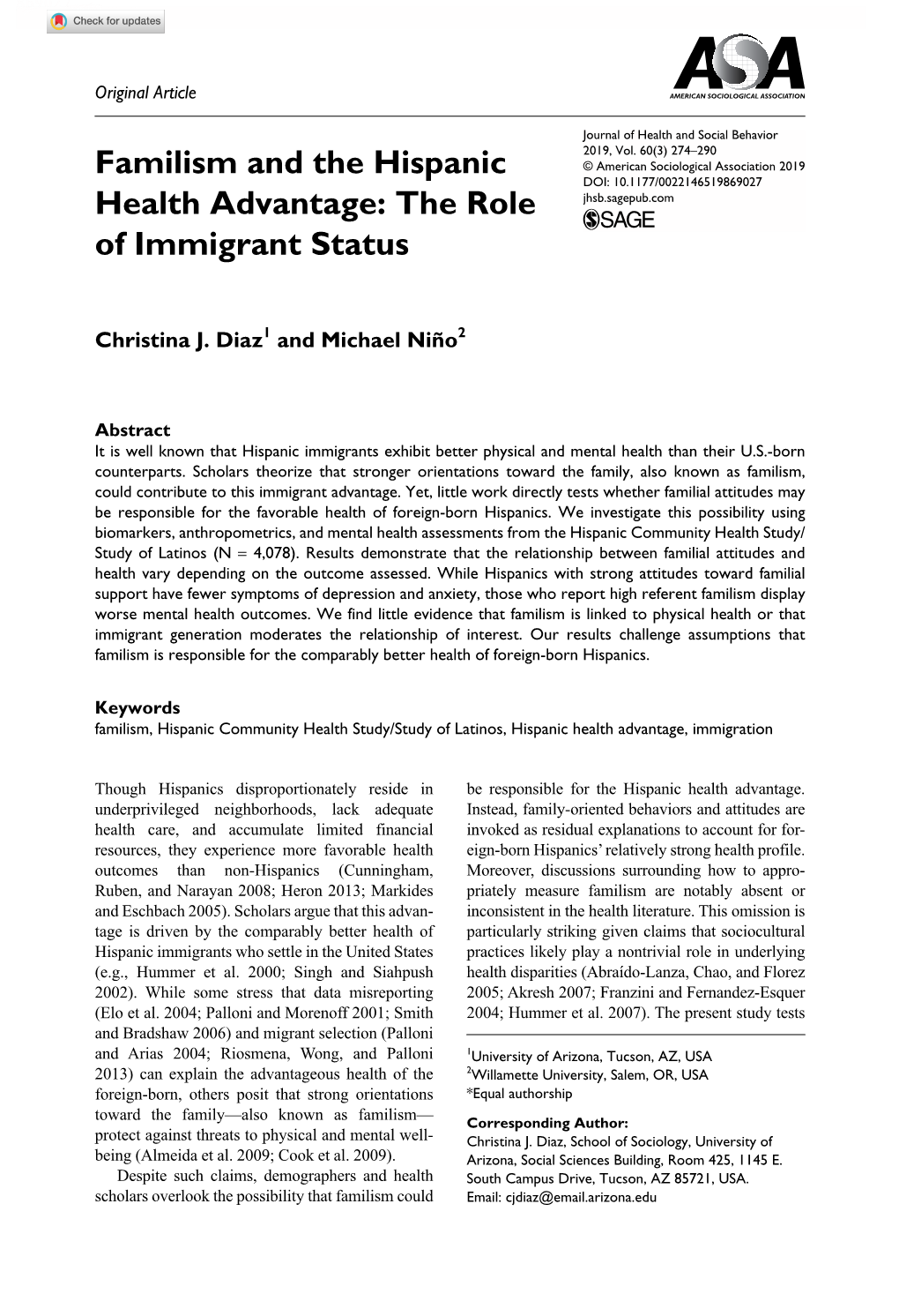 Familism and the Hispanic Health Advantage