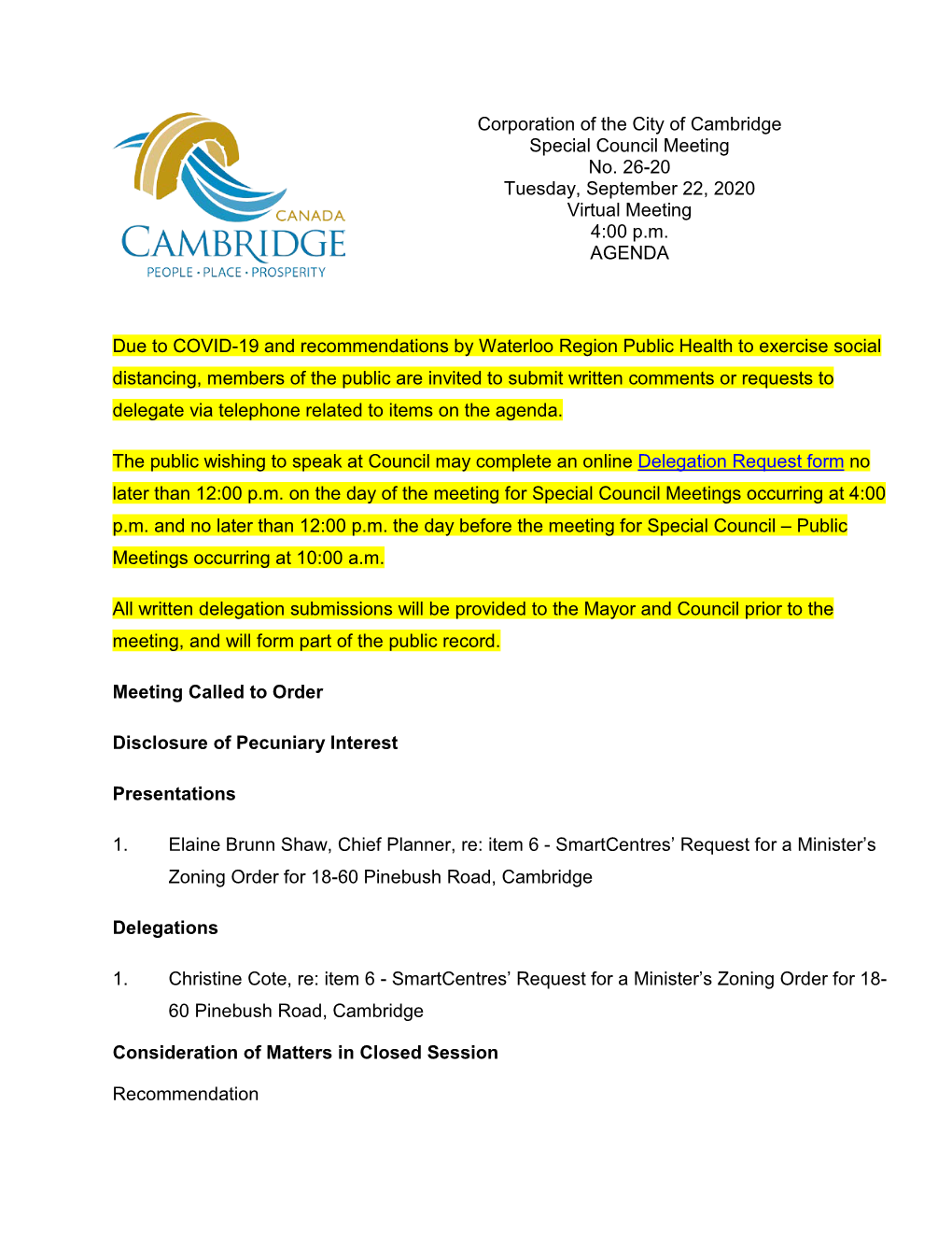 September 22, 2020 Special Council Agenda