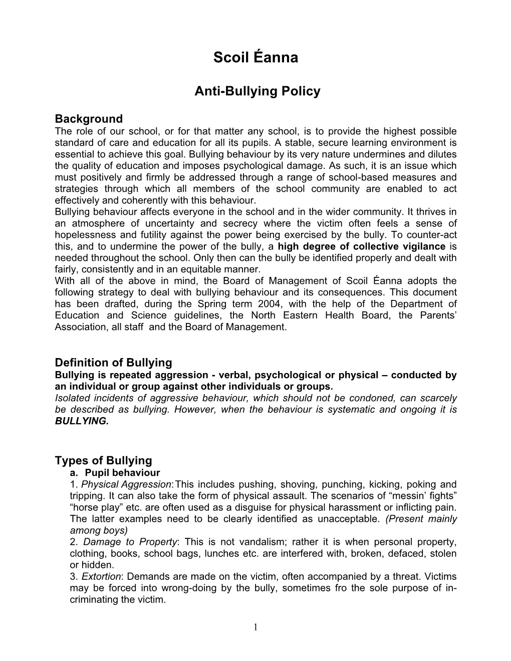 Scoil Éanna Anti-Bullying Policy