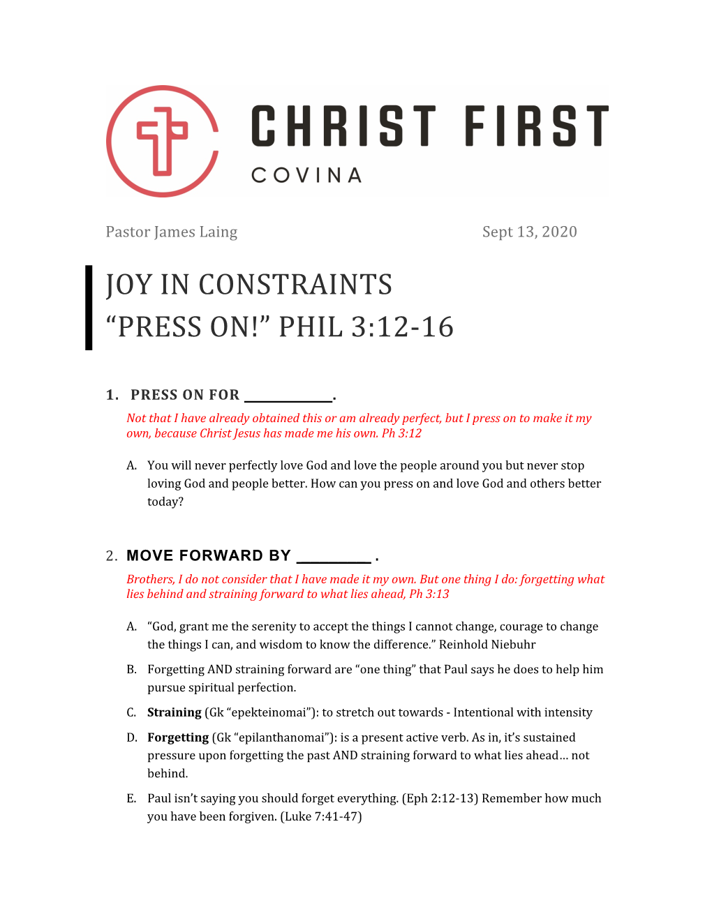 Joy in Constraints “Press On!” Phil 3:12-16