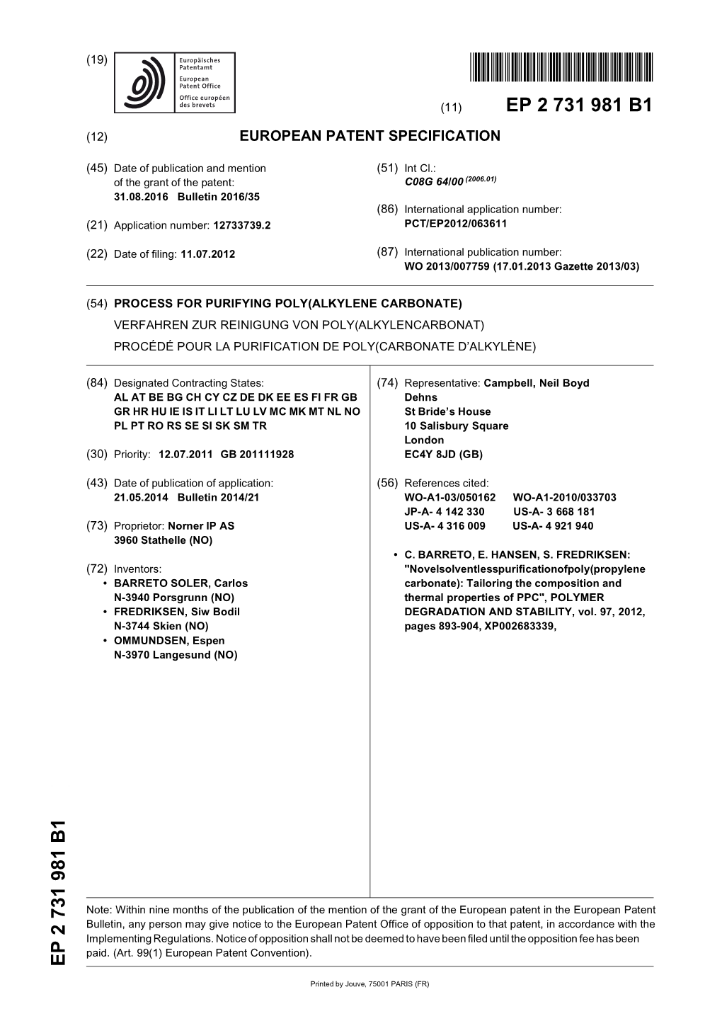 Process for Purifying Poly(Alkylene Carbonate) Verfahren Zur Reinigung Von Poly(Alkylencarbonat) Procédé Pour La Purification De Poly(Carbonate D’Alkylène)