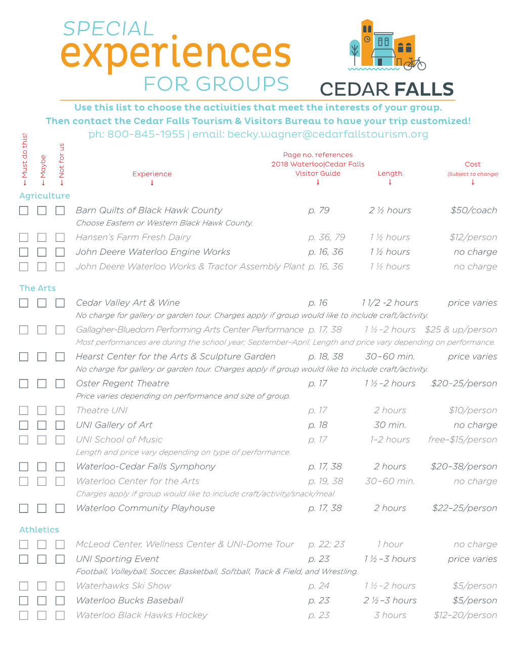 Experiences for GROUPS Use This List to Choose the Activities That Meet the Interests of Your Group