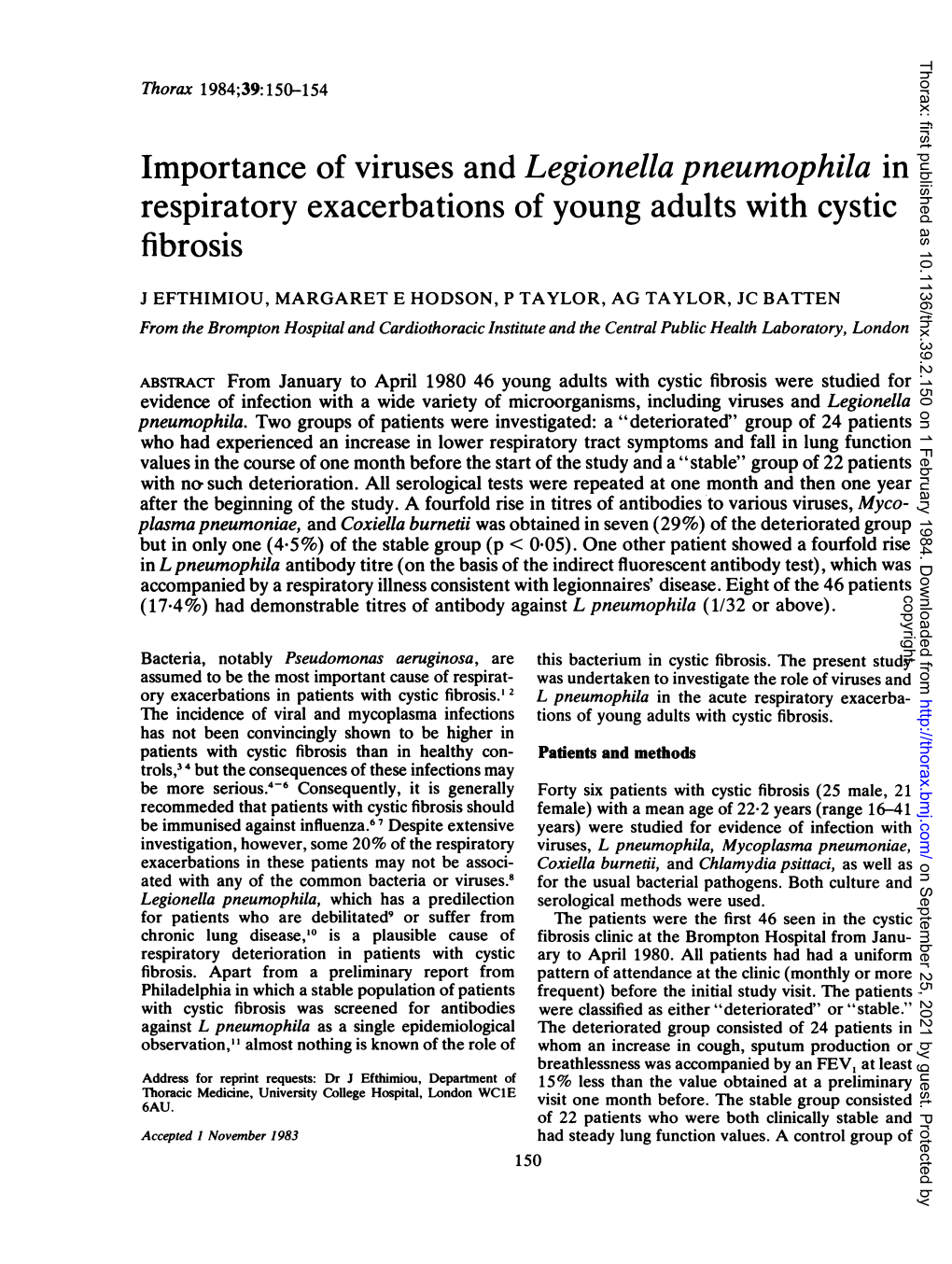 Importance of Viruses and Legionella Pneumophila in Respiratory Exacerbations of Young Adults with Cystic Fibrosis