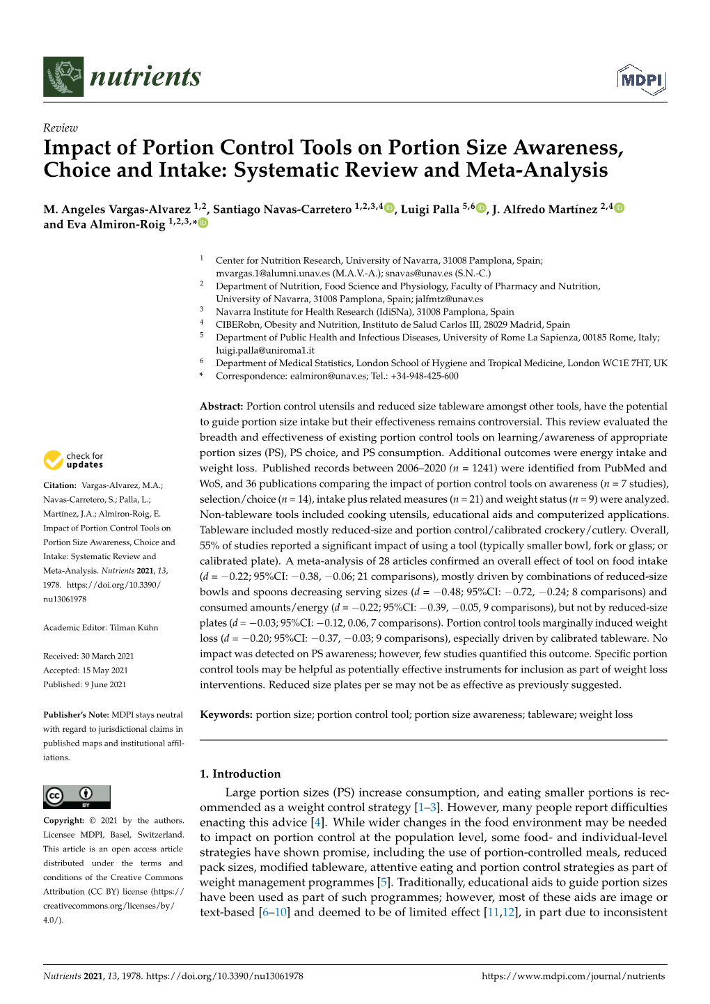 Impact of Portion Control Tools on Portion Size Awareness, Choice and Intake: Systematic Review and Meta-Analysis