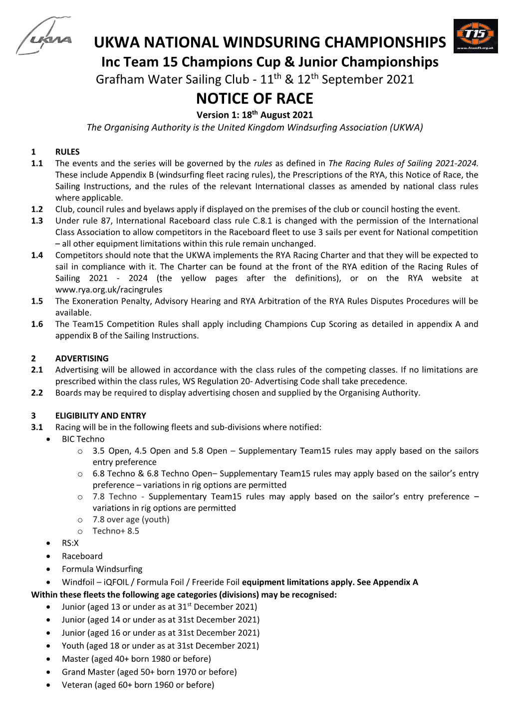 NOTICE of RACE Version 1: 18Th August 2021 the Organising Authority Is the United Kingdom Windsurfing Association (UKWA)