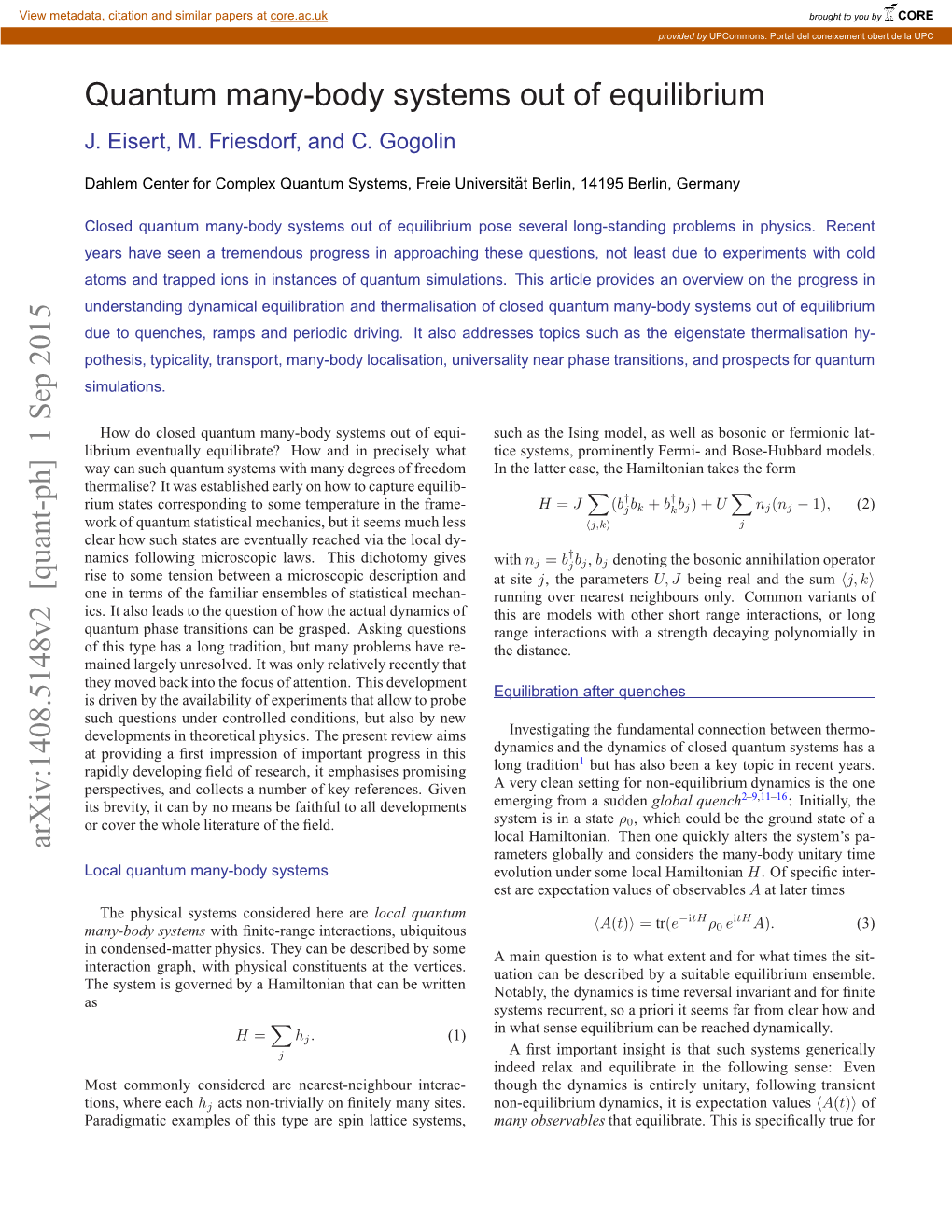 1 Sep 2015 Quantum Many-Body Systems out of Equilibrium