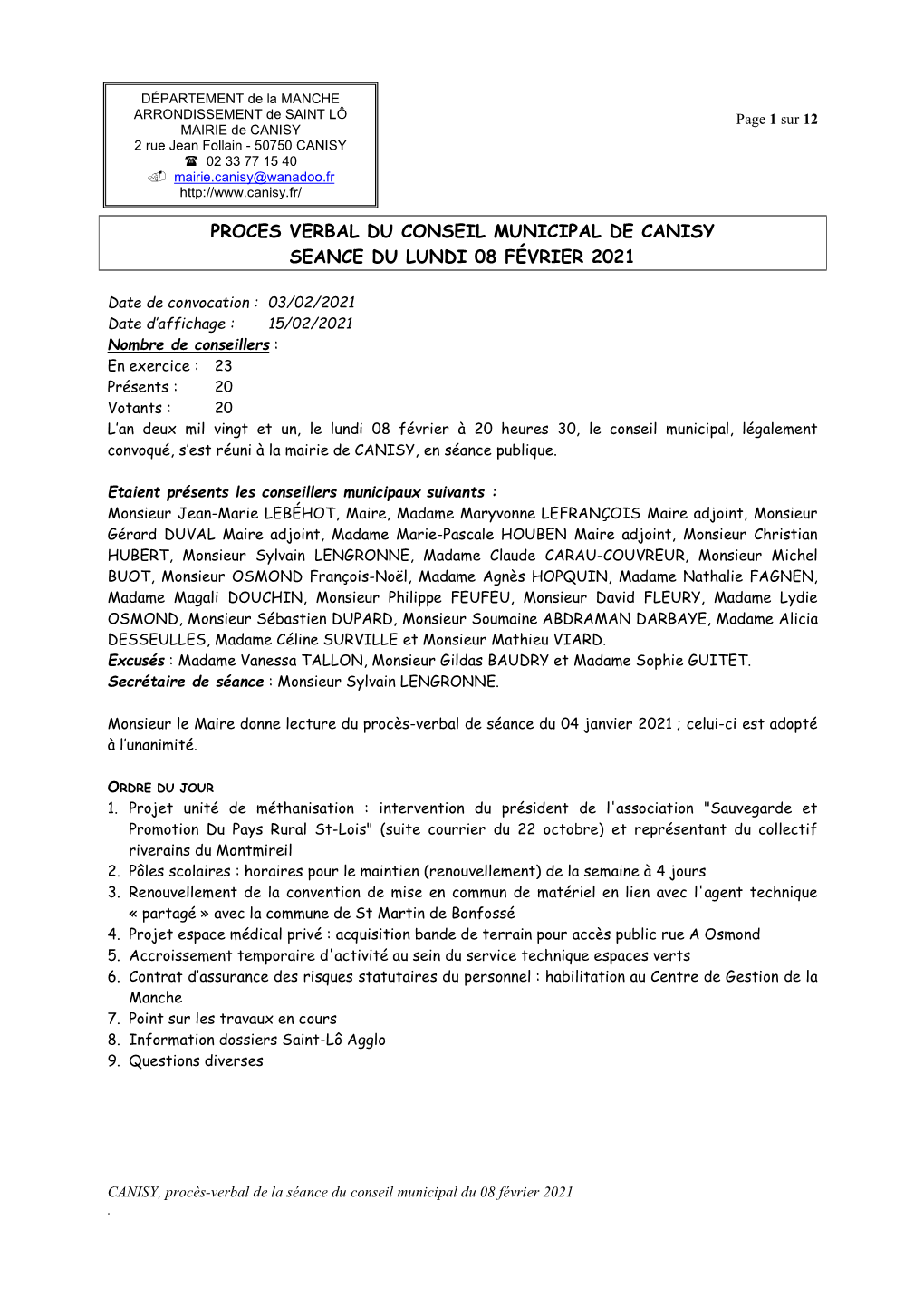 Proces Verbal Du Conseil Municipal De Canisy Seance Du Lundi 08 Février 2021