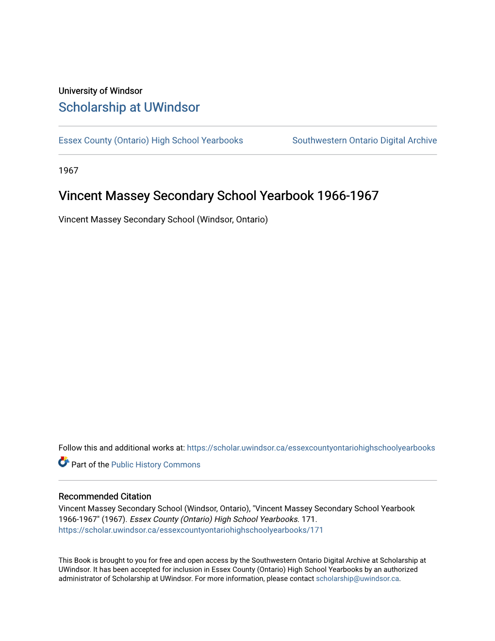 Vincent Massey Secondary School Yearbook 1966-1967