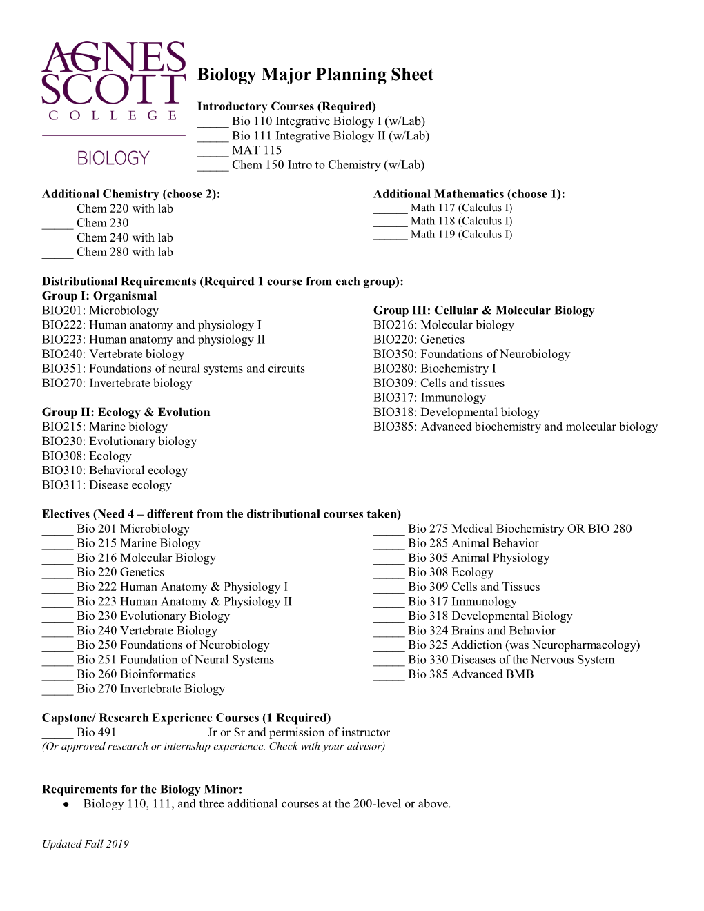 Biology Major Planning Sheet