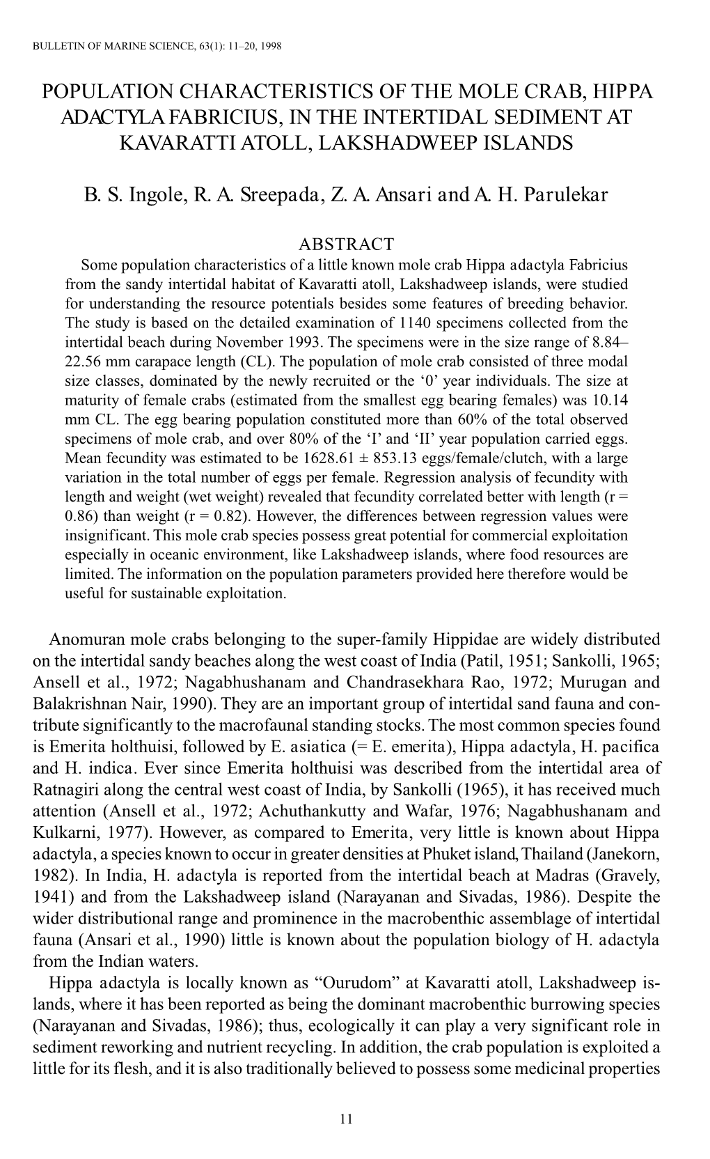 Population Characteristics of the Mole Crab, <I>Hippa Adactyla</I>