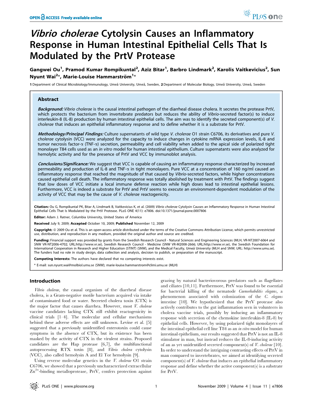 Vibrio Cholerae Cytolysin Causes an Inflammatory Response in Human Intestinal Epithelial Cells That Is Modulated by the Prtv Protease