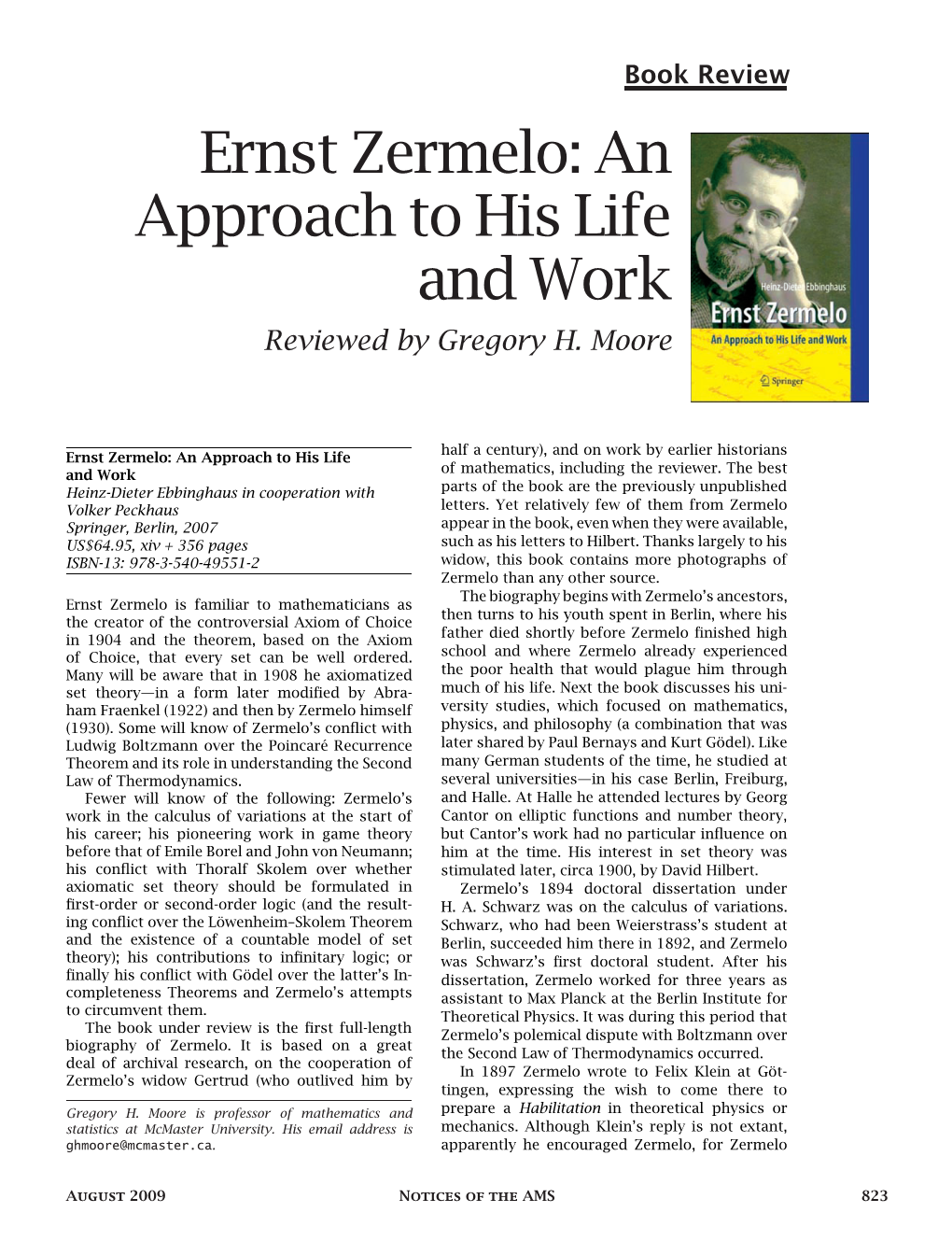 Ernst Zermelo: an Approach to His Life and Work Reviewed by Gregory H