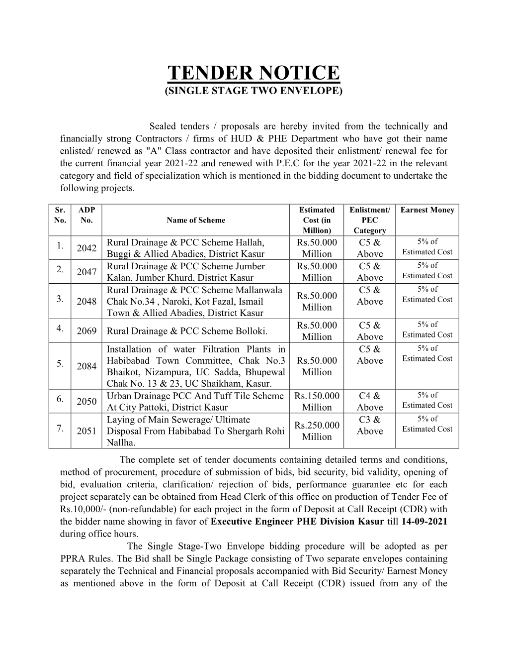 Tender Notice (Single Stage Two Envelope)