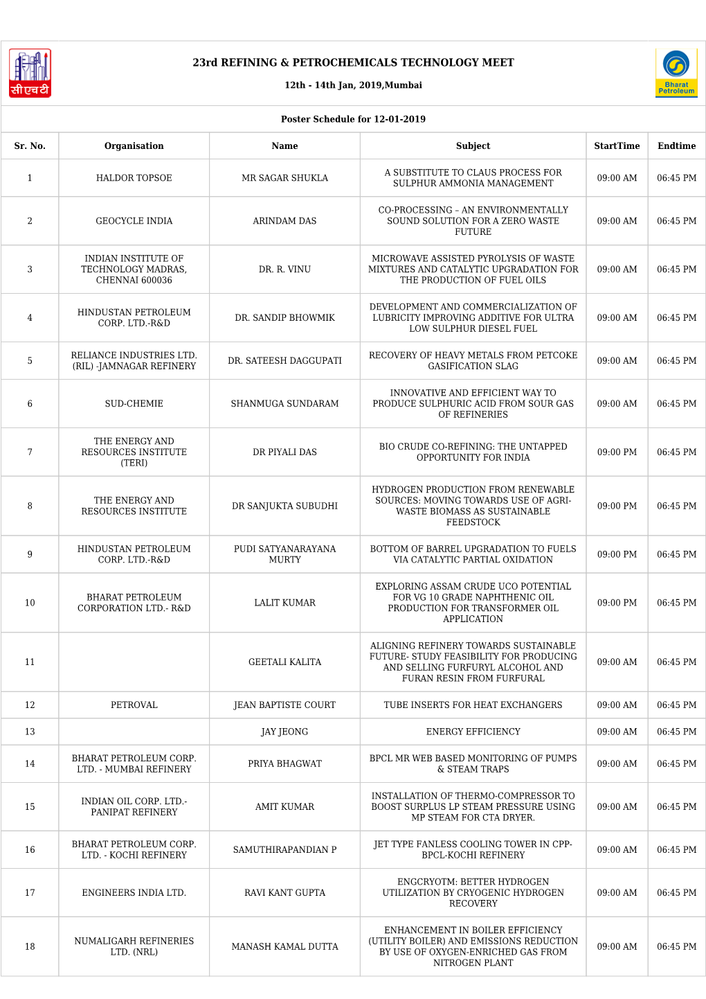 Poster Schedule for 12-01-2019