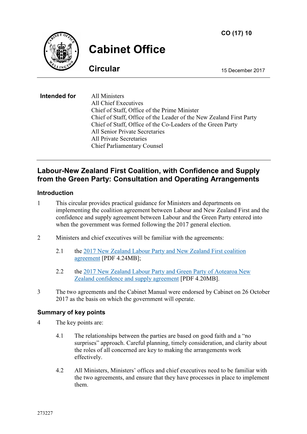 Cabinet Office Circular CO (17) 10: Labour-New Zealand First Coalition