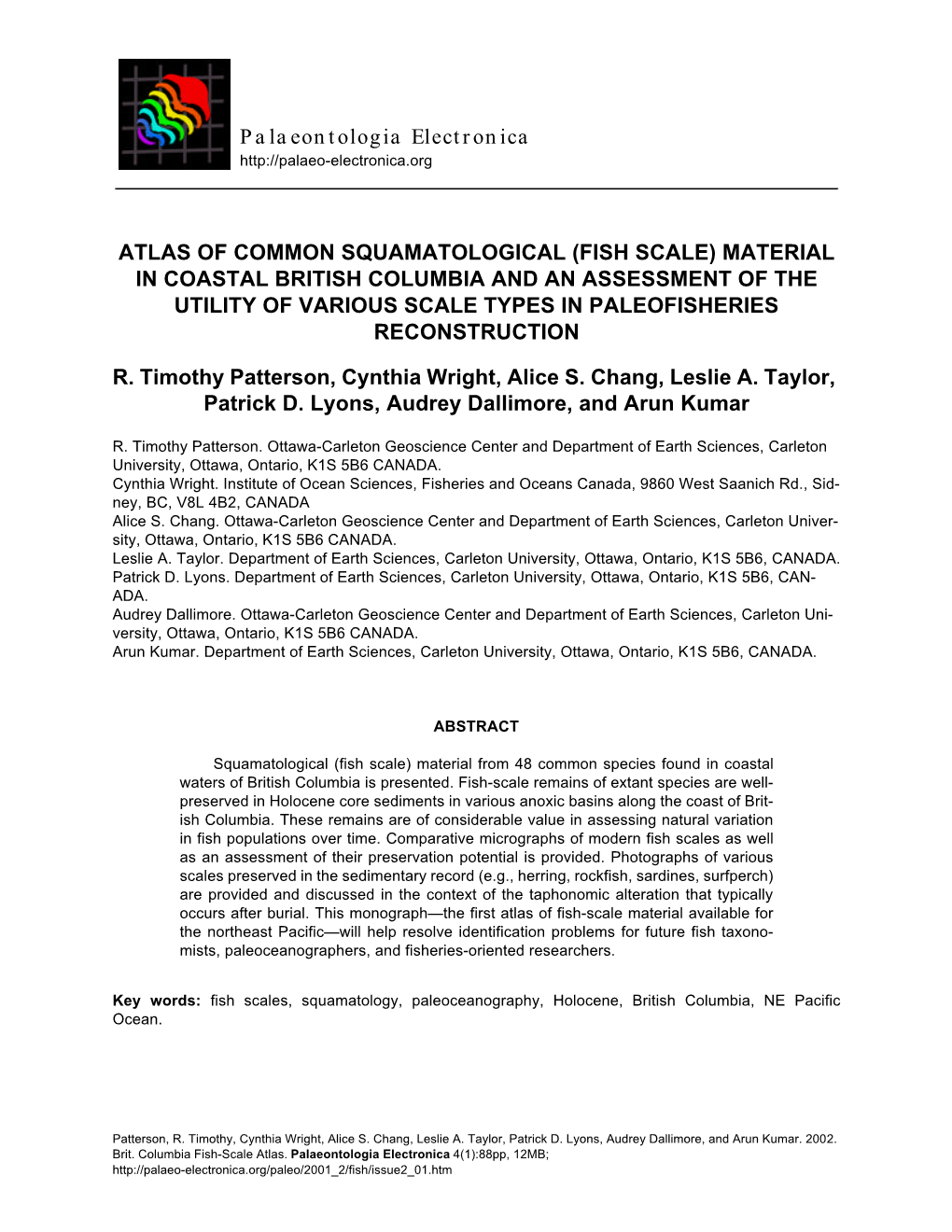 Fish Scale) Material in Coastal British Columbia and an Assessment of the Utility of Various Scale Types in Paleofisheries Reconstruction