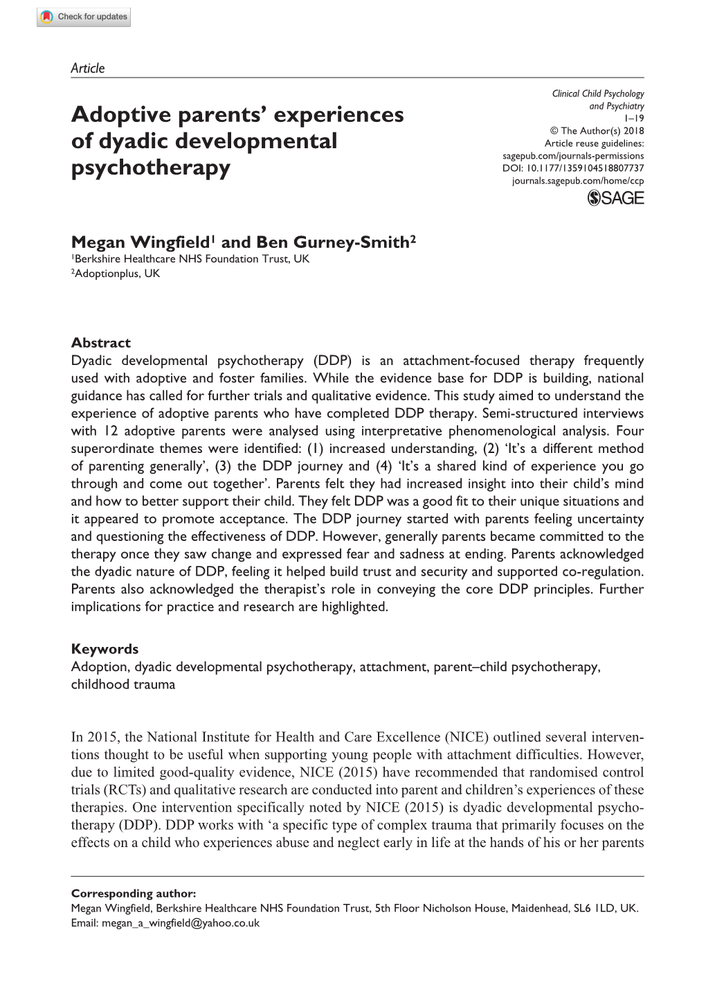 Adoptive Parents' Experiences of Dyadic Developmental Psychotherapy