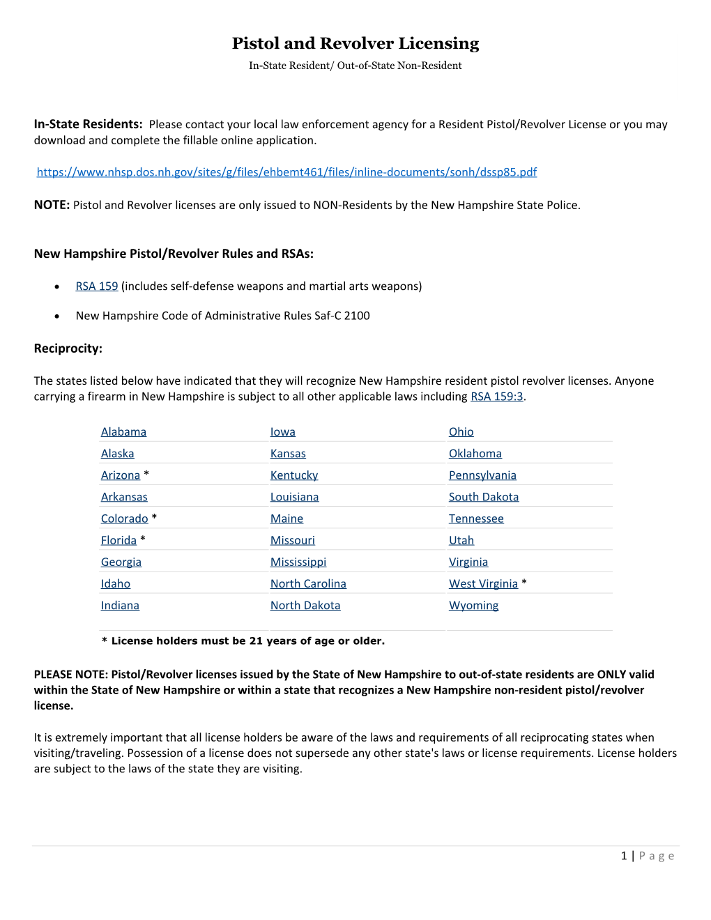 Pistol and Revolver Licensing In-State Resident/ Out-Of-State Non-Resident