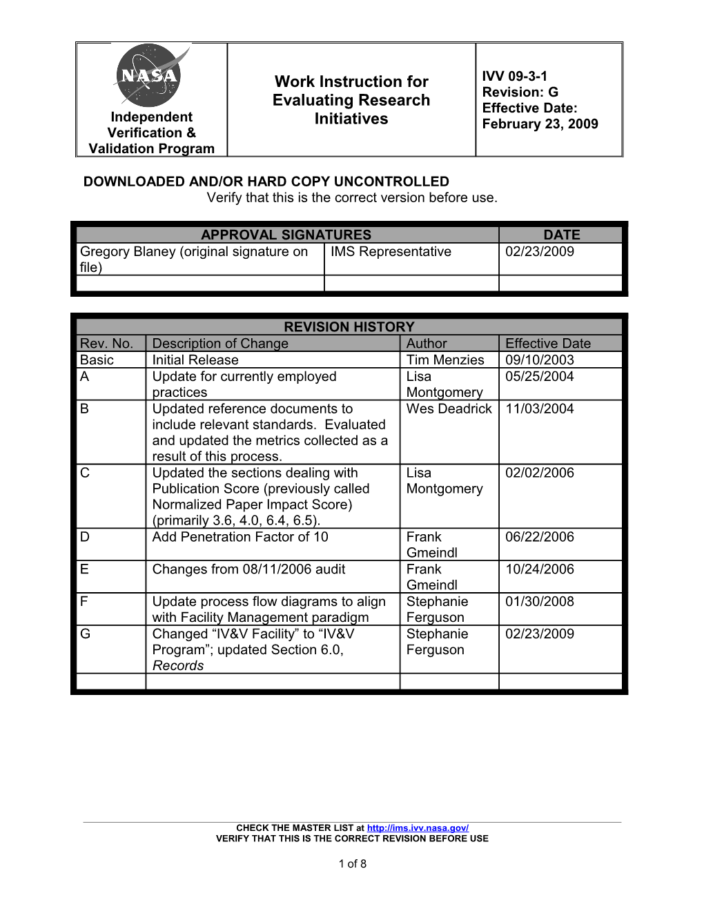 Work Instruction for Evaluating Research Initiatives